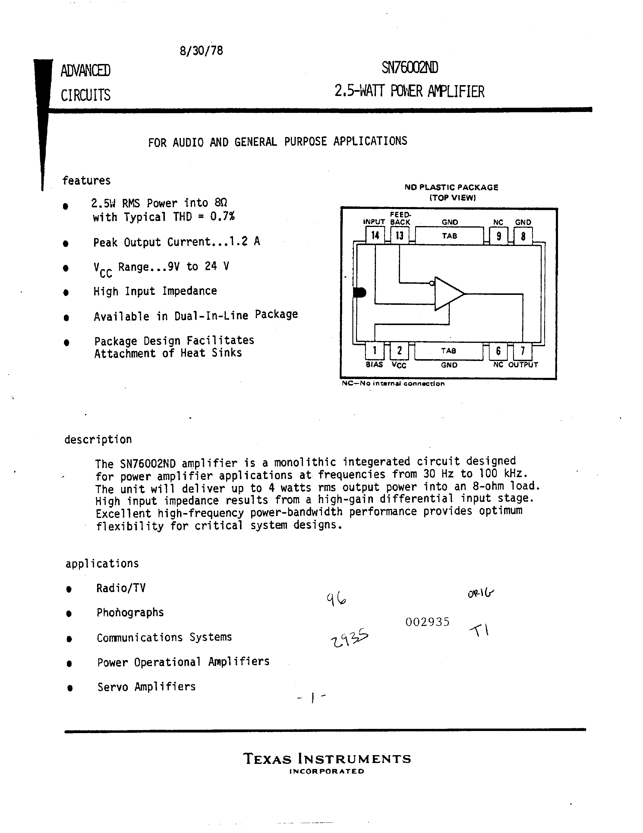 Datasheet SN76002ND - 2.5 Watt Power Amplifier page 1