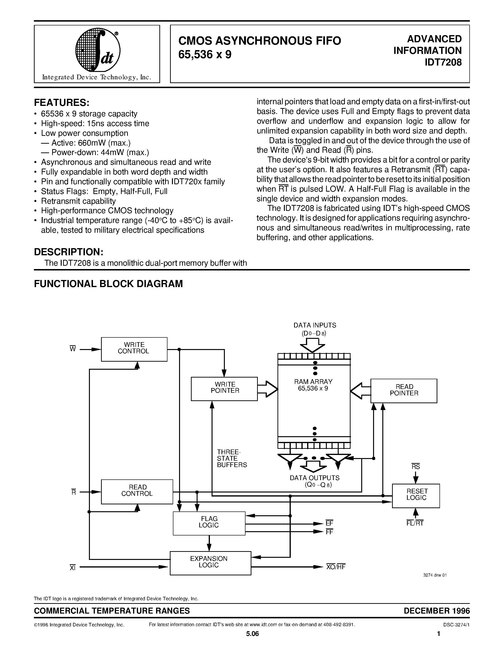 Datasheet IDT7208L20J - CMOS ASYNCHRONOUS FIFO 65/536 x 9 page 1