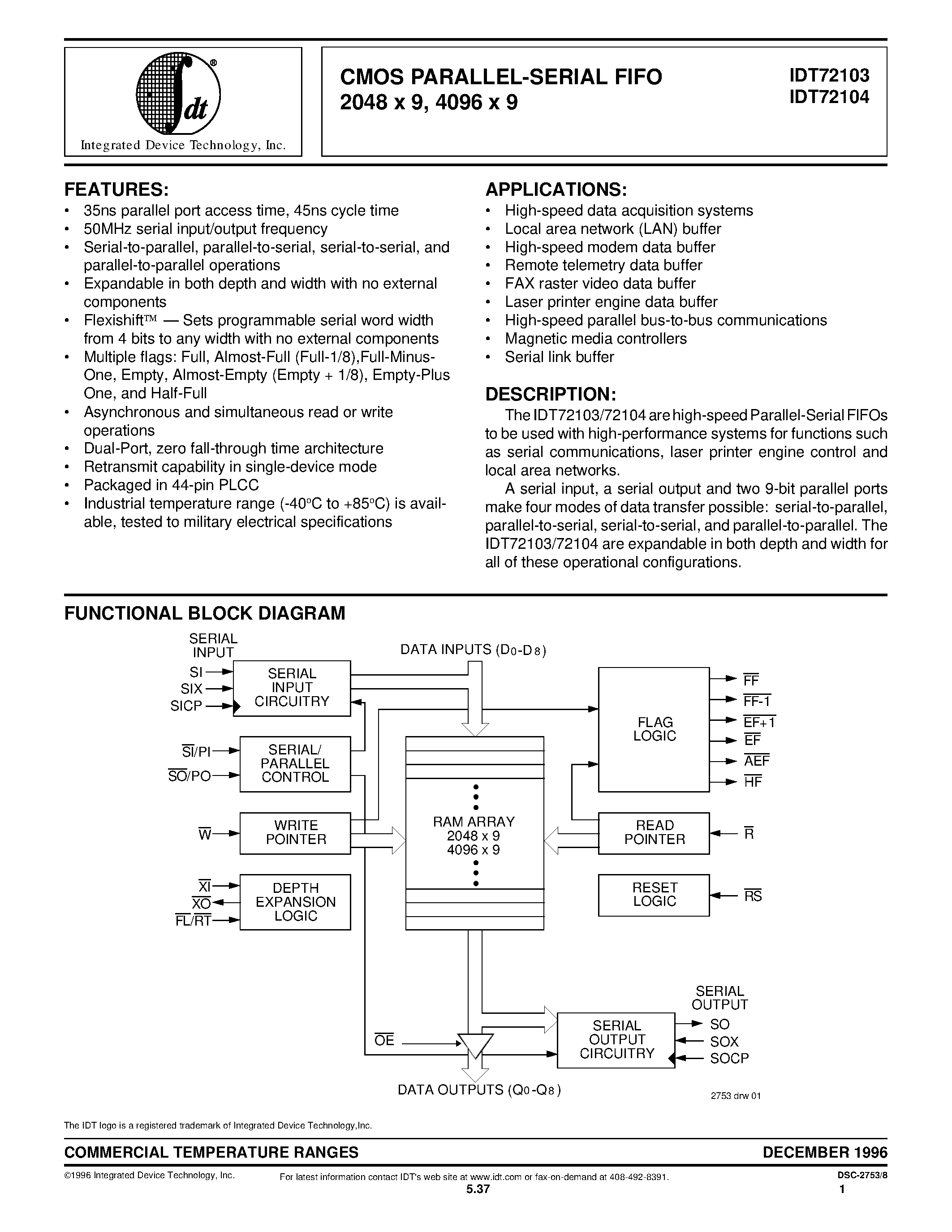 Даташит IDT72103L35J - CMOS PARALLEL-SERIAL FIFO 2048 x 9/ 4096 x 9 страница 1