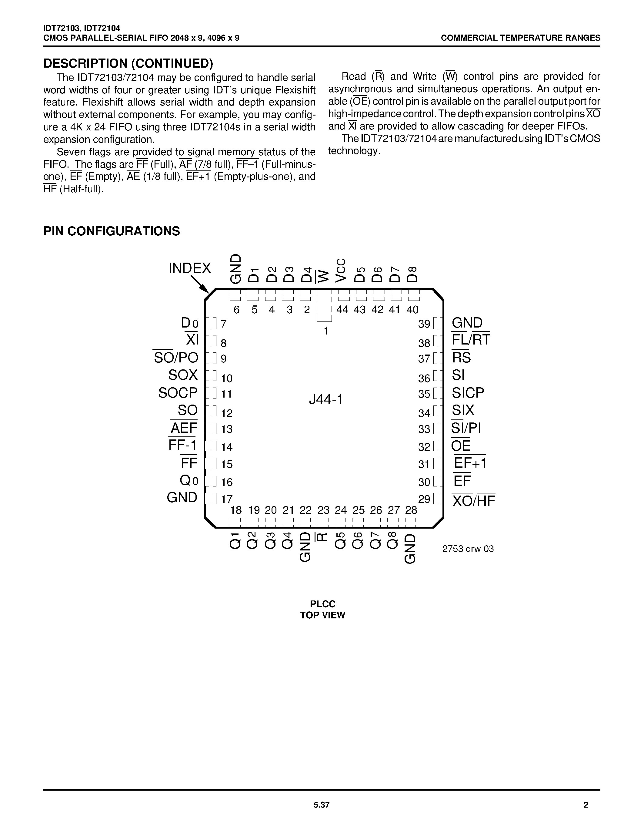 Даташит IDT72104 - CMOS PARALLEL-SERIAL FIFO 2048 x 9/ 4096 x 9 страница 2