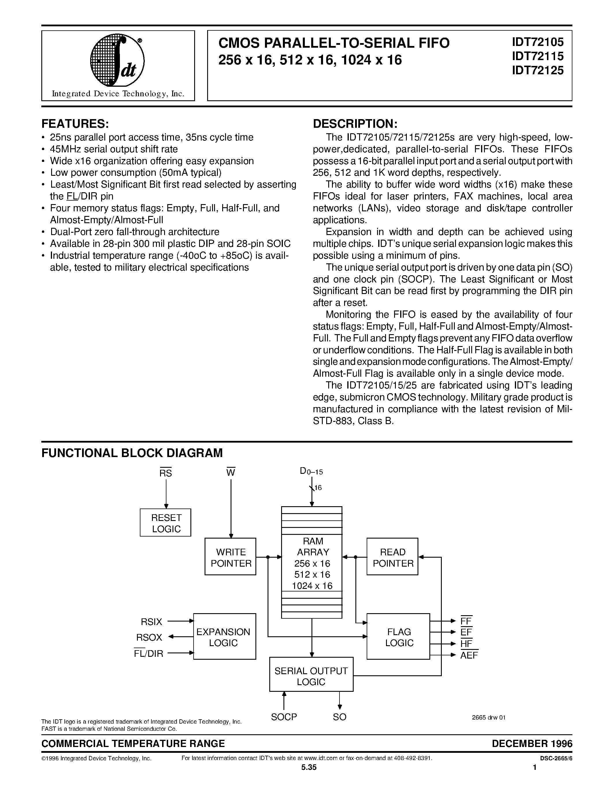 Datasheet IDT72105 page 1 Datasheet IDT72105 - CMOS PARALLEL-TO-SERIAL FIFO 256 x 16/ 512 x 16/ 1024 x 16 page 1