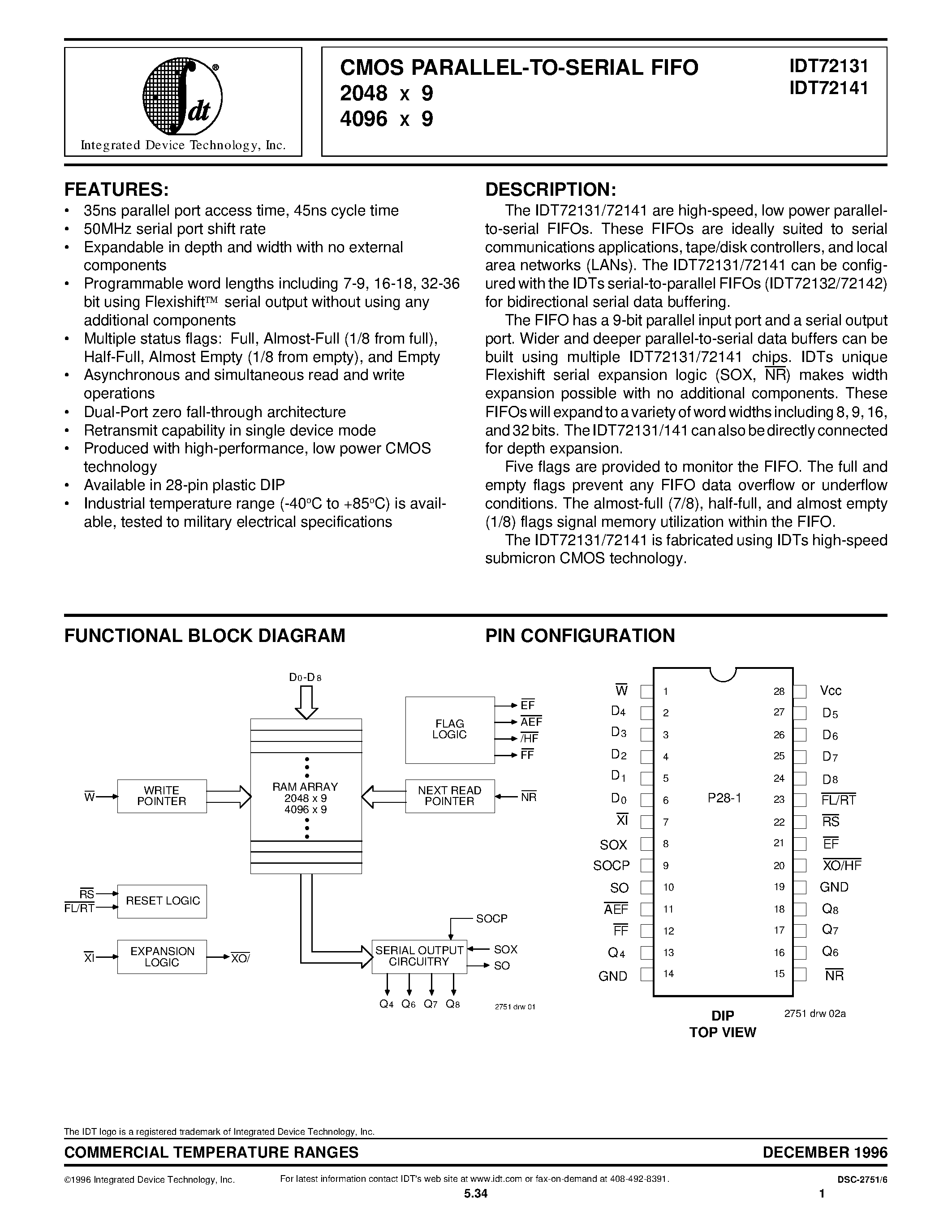 Datasheet IDT72141L50P - CMOS PARALLEL-TO-SERIAL FIFO 2048 X 9 4096 X 9 page 1