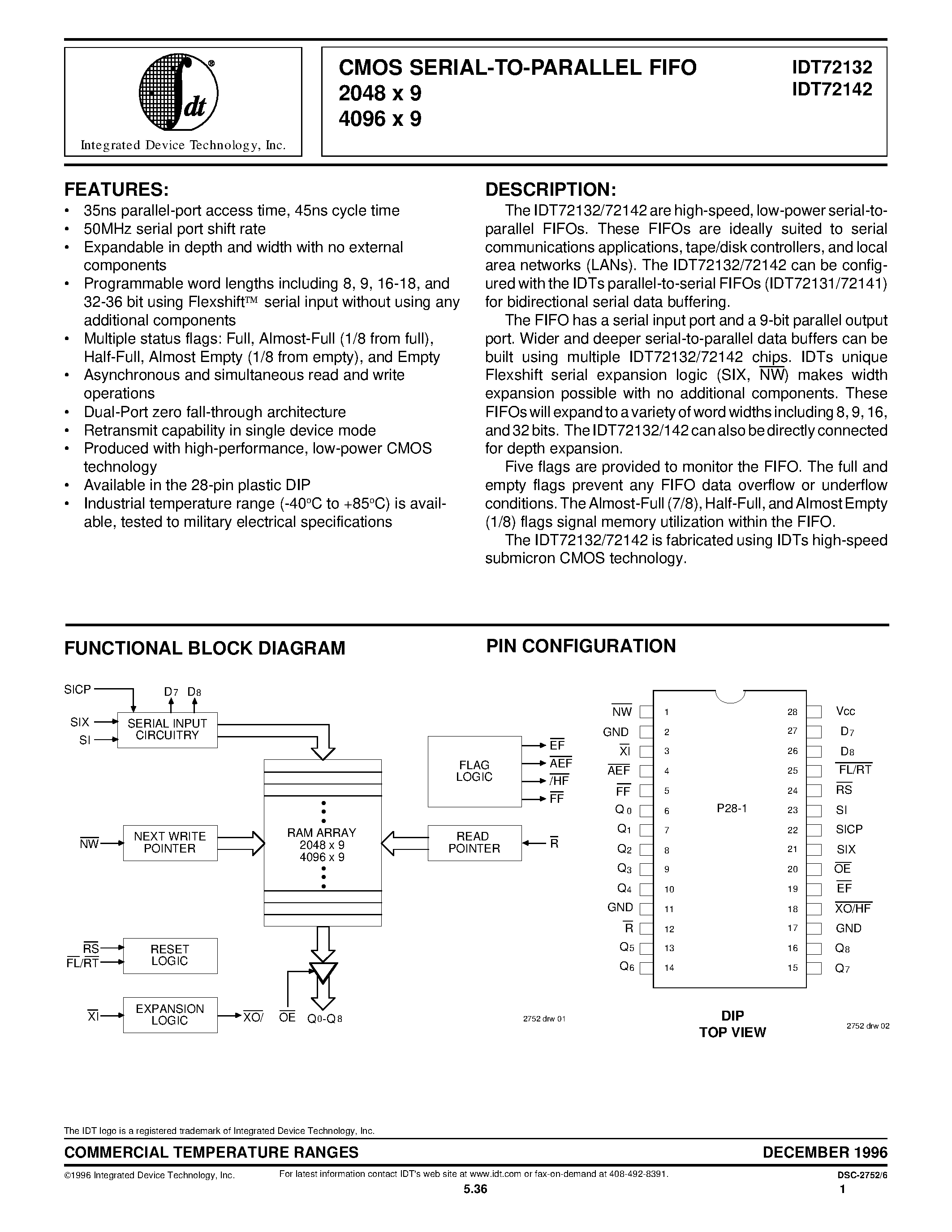 Даташит IDT72142L35P - CMOS SERIAL-TO-PARALLEL FIFO 2048 x 9 4096 x 9 страница 1