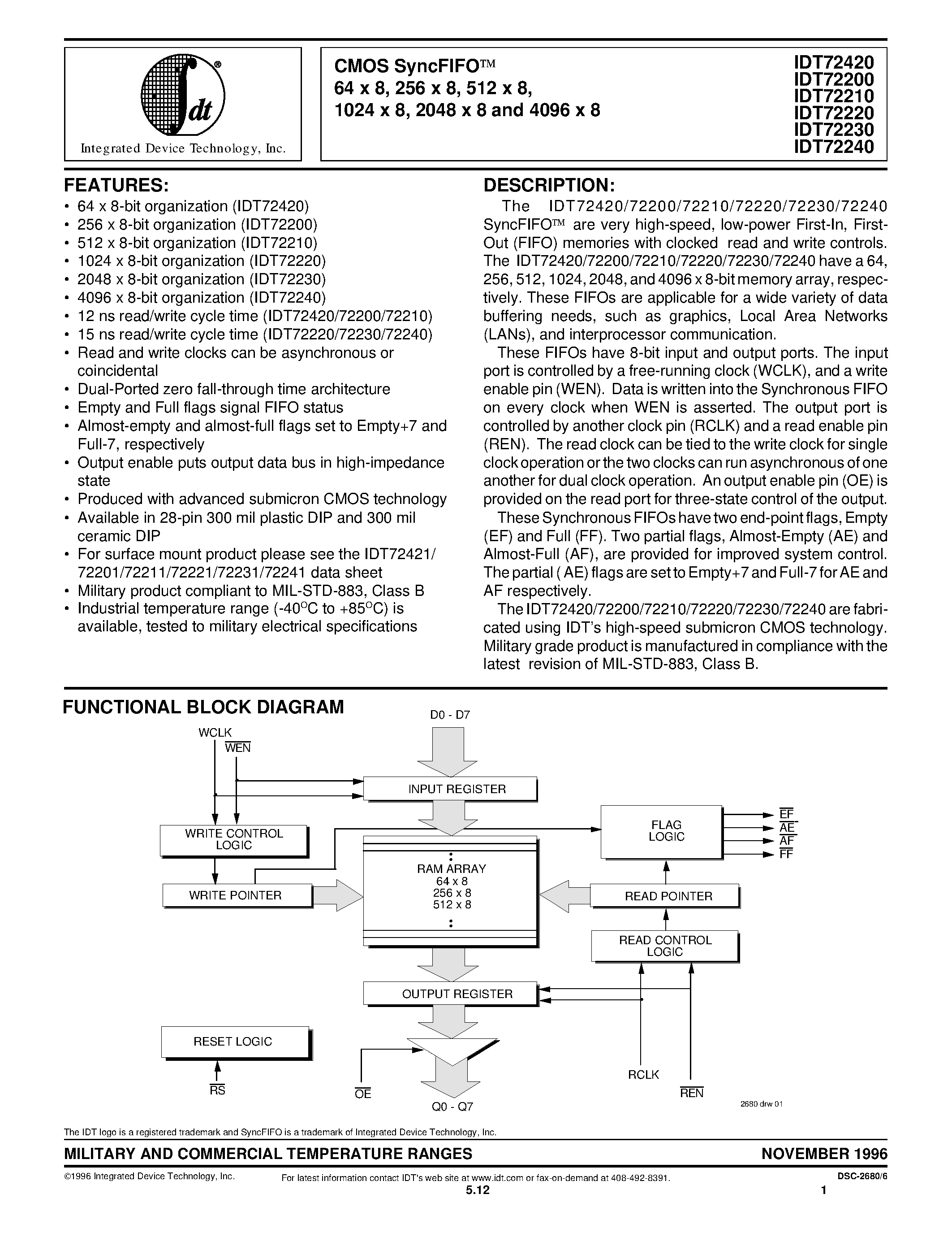 Datasheet IDT72210 page 1 Datasheet IDT72210 - CMOS SyncFIFOO 64 x 8/ 256 x 8/ 512 x 8/ 1024 x 8/ 2048 x 8 and 4096 x 8 page 1