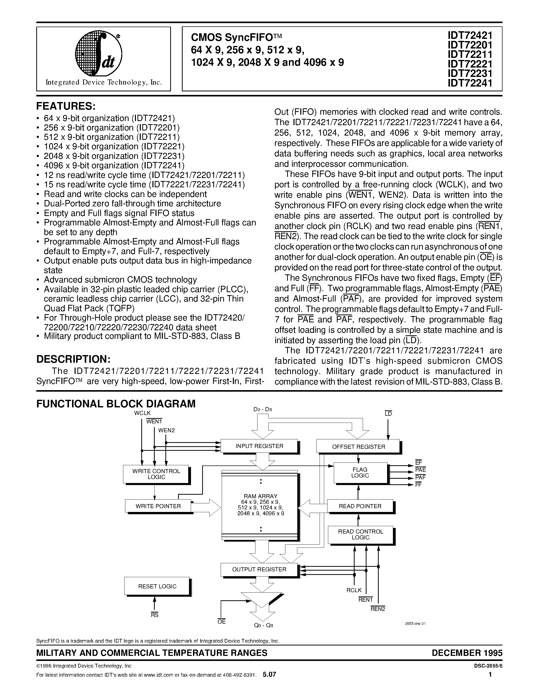 Datasheet IDT72231 - CMOS SyncFIFOO 64 X 9/ 256 x 9/ 512 x 9/ 1024 X 9/ 2048 X 9 and 4096 x 9 page 1