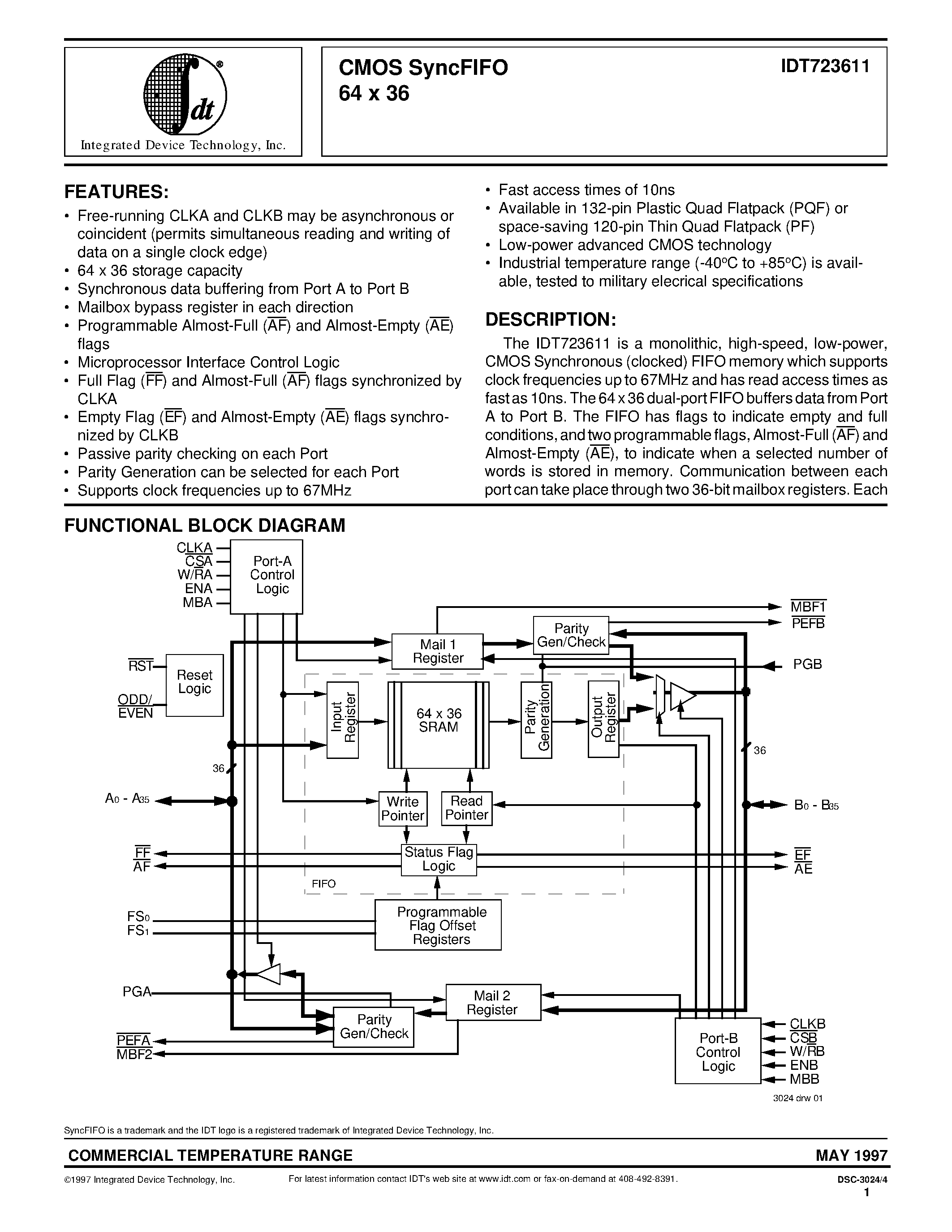 Даташит на микросхему IDT7223611L30PF страница 1 Даташит IDT7223611L30PF - CMOS SyncFIFO 64 x 36 страница 1
