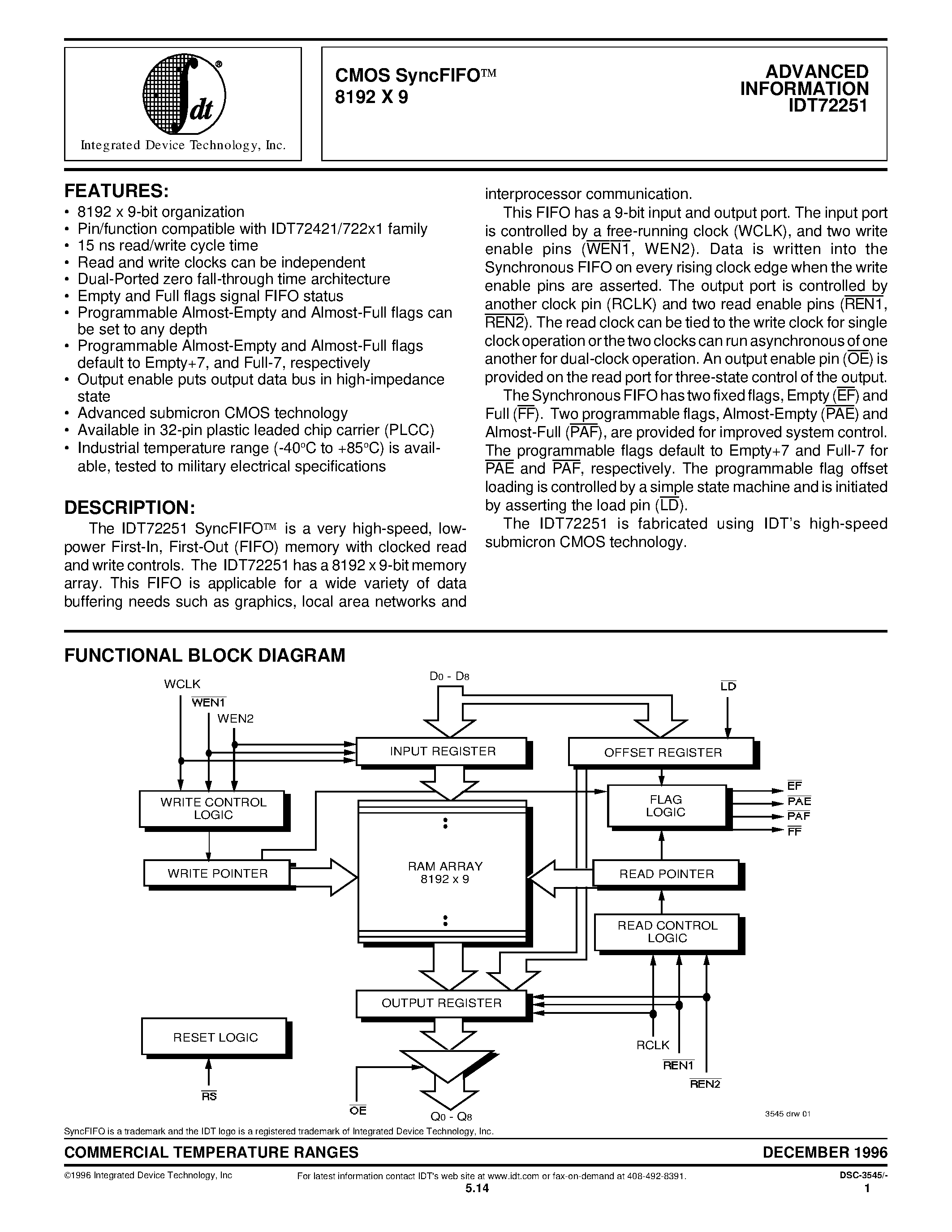 Даташит на микросхему IDT72251L20J страница 1 Даташит IDT72251L20J - CMOS SyncFIFOO 8192 X 9 страница 1