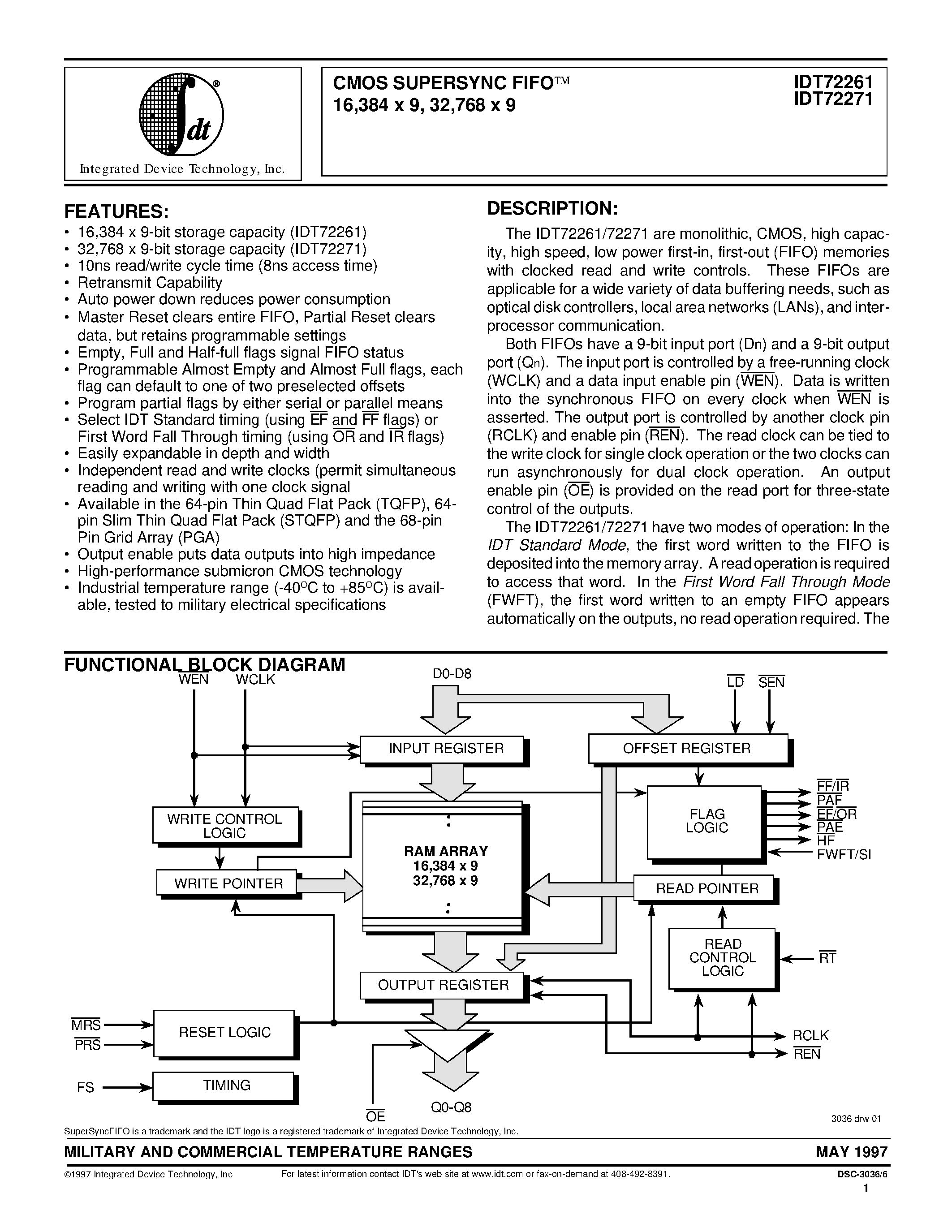 Даташит IDT72261 - CMOS SUPERSYNC FIFOO 16/384 x 9/ 32/768 x 9 страница 1