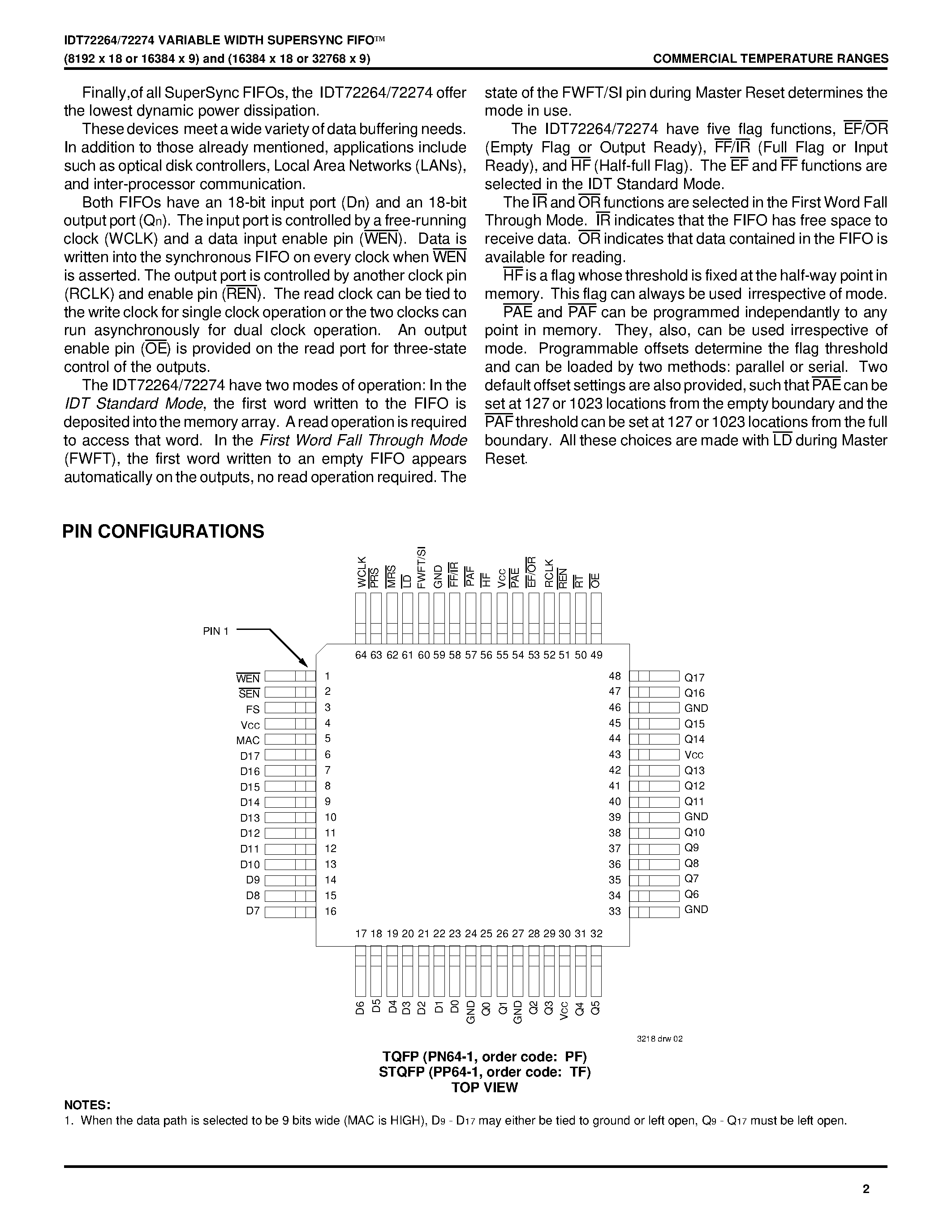 Даташит IDT72264 - VARIABLE WIDTH SUPERSYNCO FIFO 8/192 x 18 or 16/384 x 9 16/384 x 18 or 32/768 x 9 страница 2