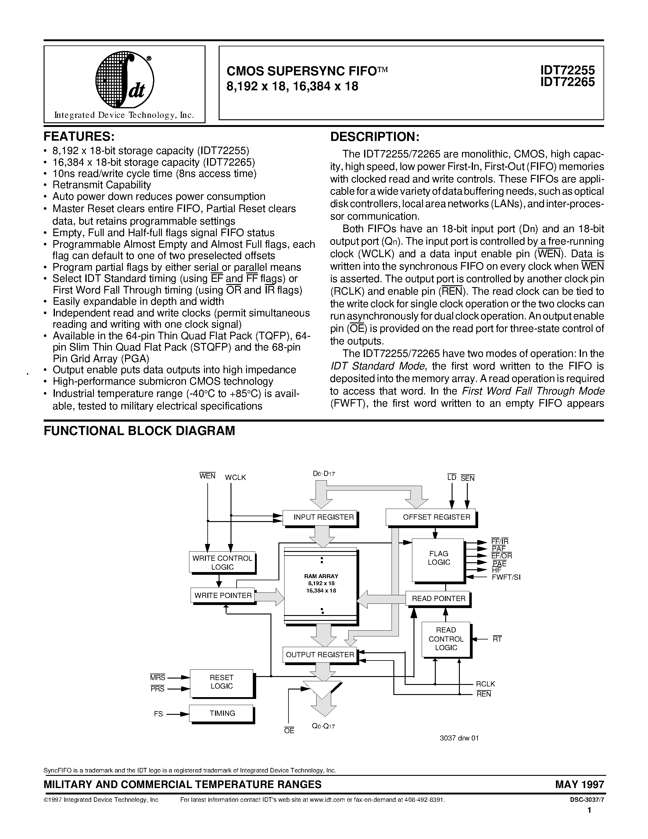 Datasheet IDT72265 - CMOS SUPERSYNC FIFOO 8/192 x 18/ 16/384 x 18 page 1