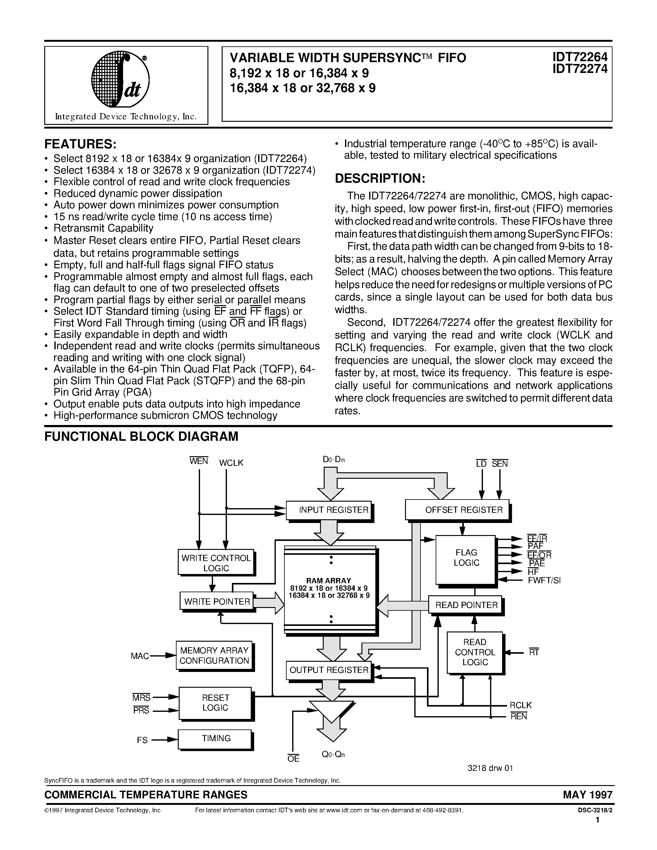 Даташит IDT72274 - VARIABLE WIDTH SUPERSYNCO FIFO 8/192 x 18 or 16/384 x 9 16/384 x 18 or 32/768 x 9 страница 1