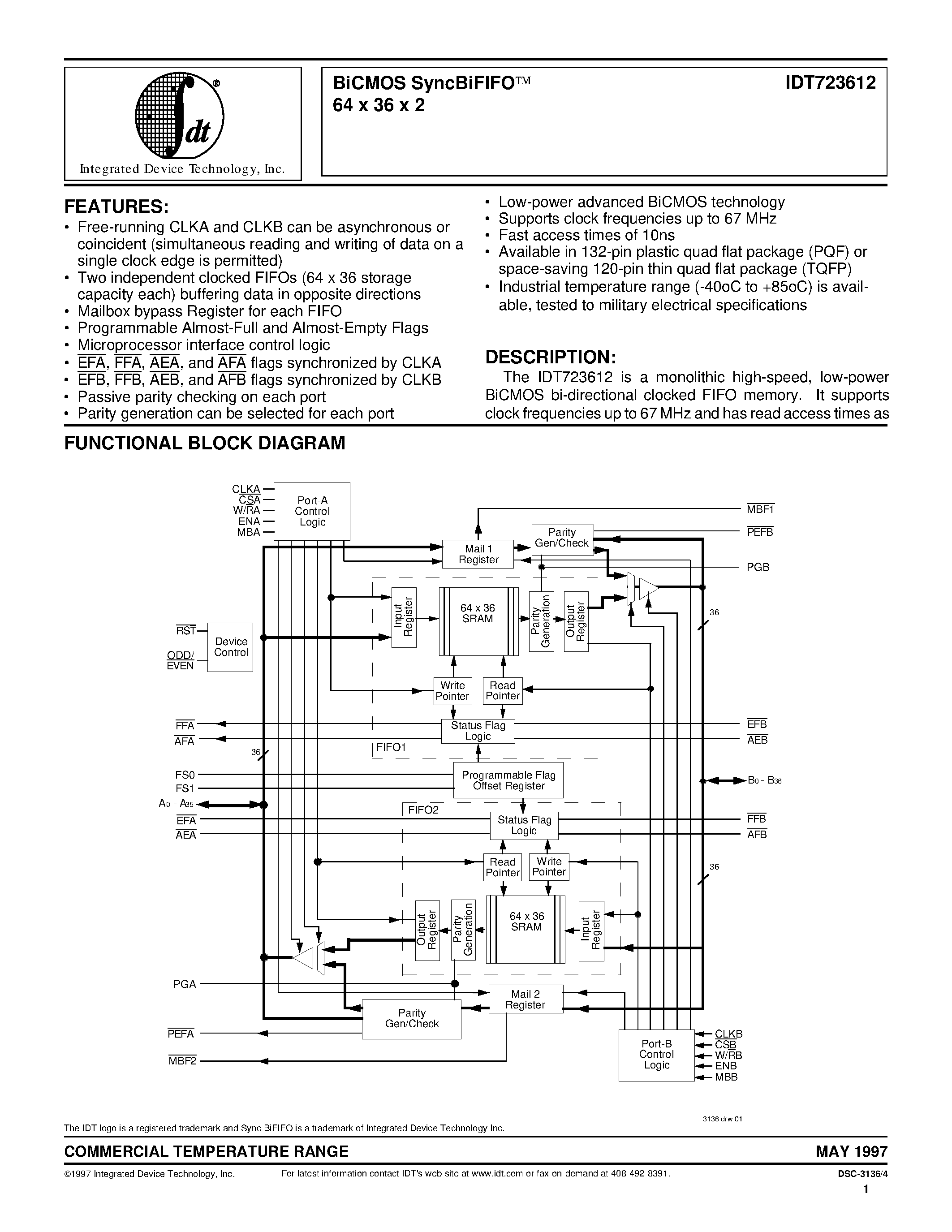 Datasheet IDT723612L15PQF - BiCMOS SyncBiFIFOO 64 x 36 x 2 page 1