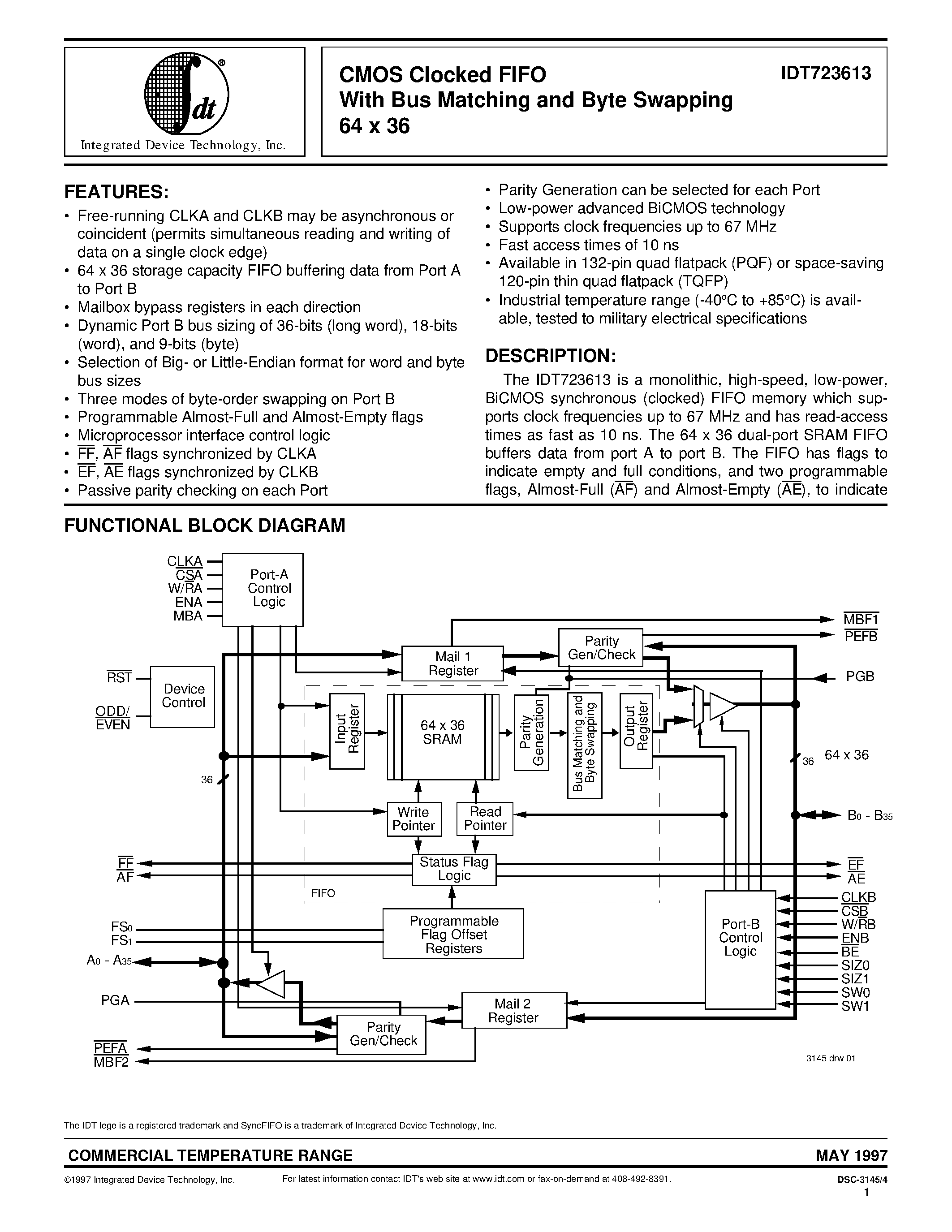 Даташит на микросхему IDT723613L15PQF страница 1 Даташит IDT723613L15PQF - CMOS Clocked FIFO With Bus Matching and Byte Swapping 64 x 36 страница 1