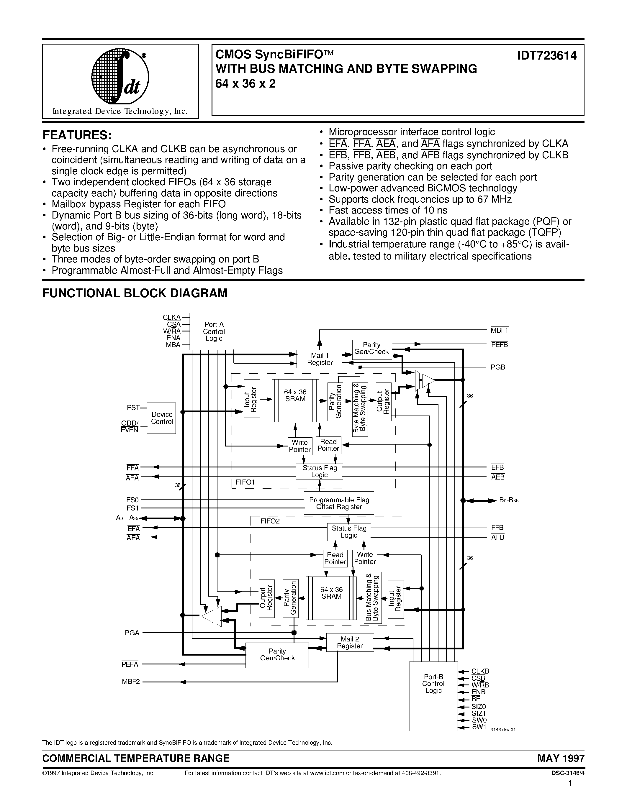 Datasheet IDT723614L20PF - CMOS SyncBiFIFOO WITH BUS MATCHING AND BYTE SWAPPING 64 x 36 x 2 page 1