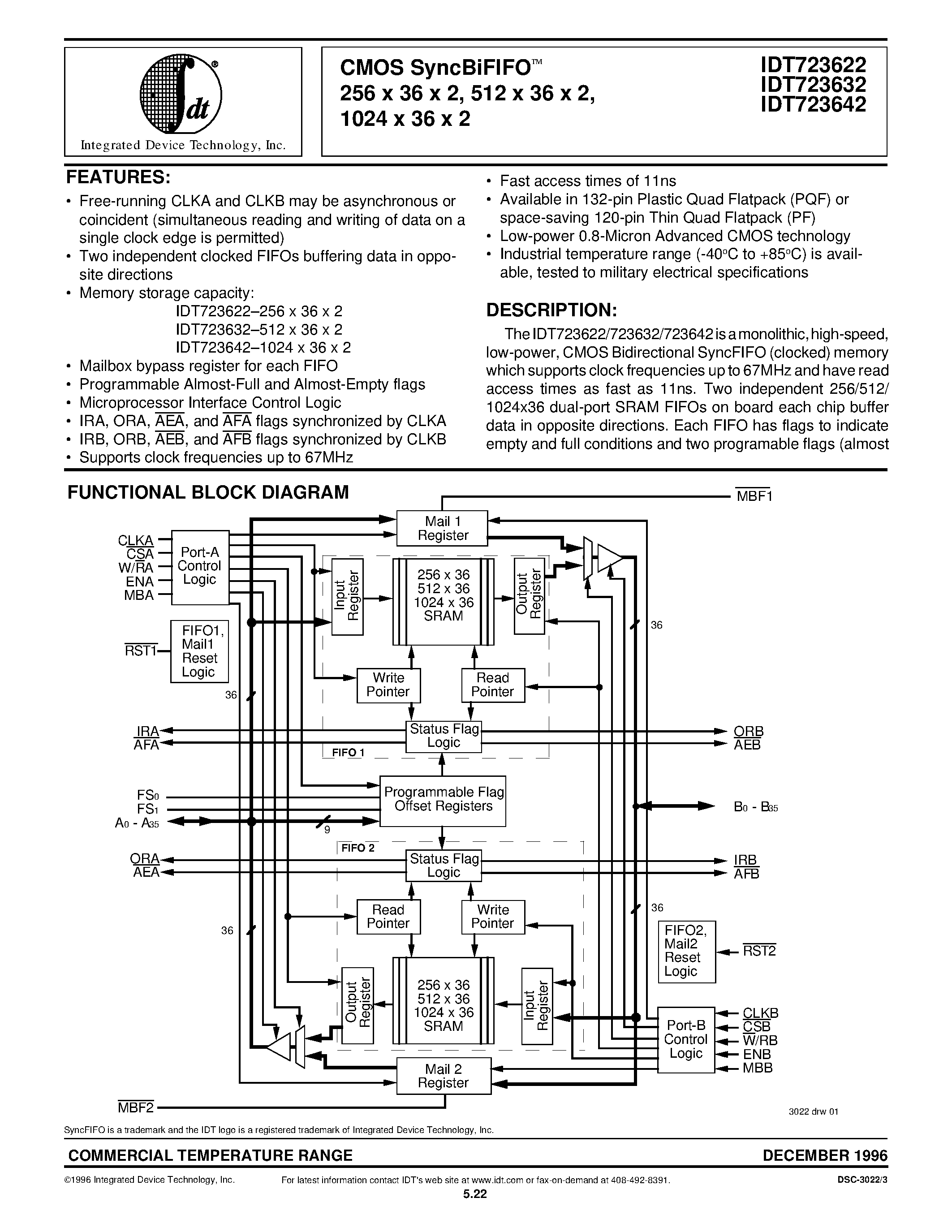 Datasheet IDT723622L20PF page 1 Datasheet IDT723622L20PF - CMOS SyncBiFIFOO 256 x 36 x 2/ 512 x 36 x 2/ 1024 x 36 x 2 page 1