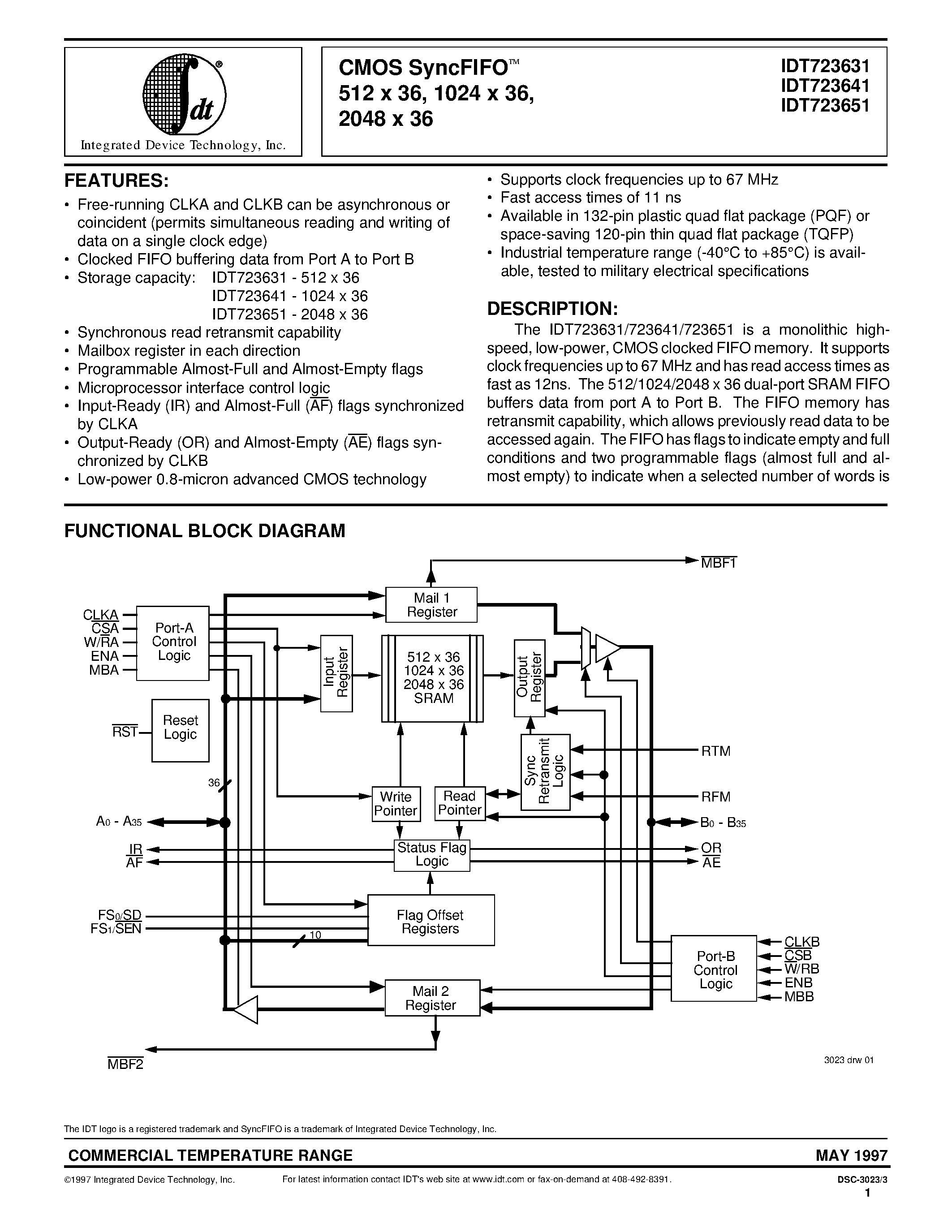 Datasheet IDT723631L20PQF - CMOS SyncFIFOO 512 x 36/ 1024 x 36/ 2048 x 36 page 1