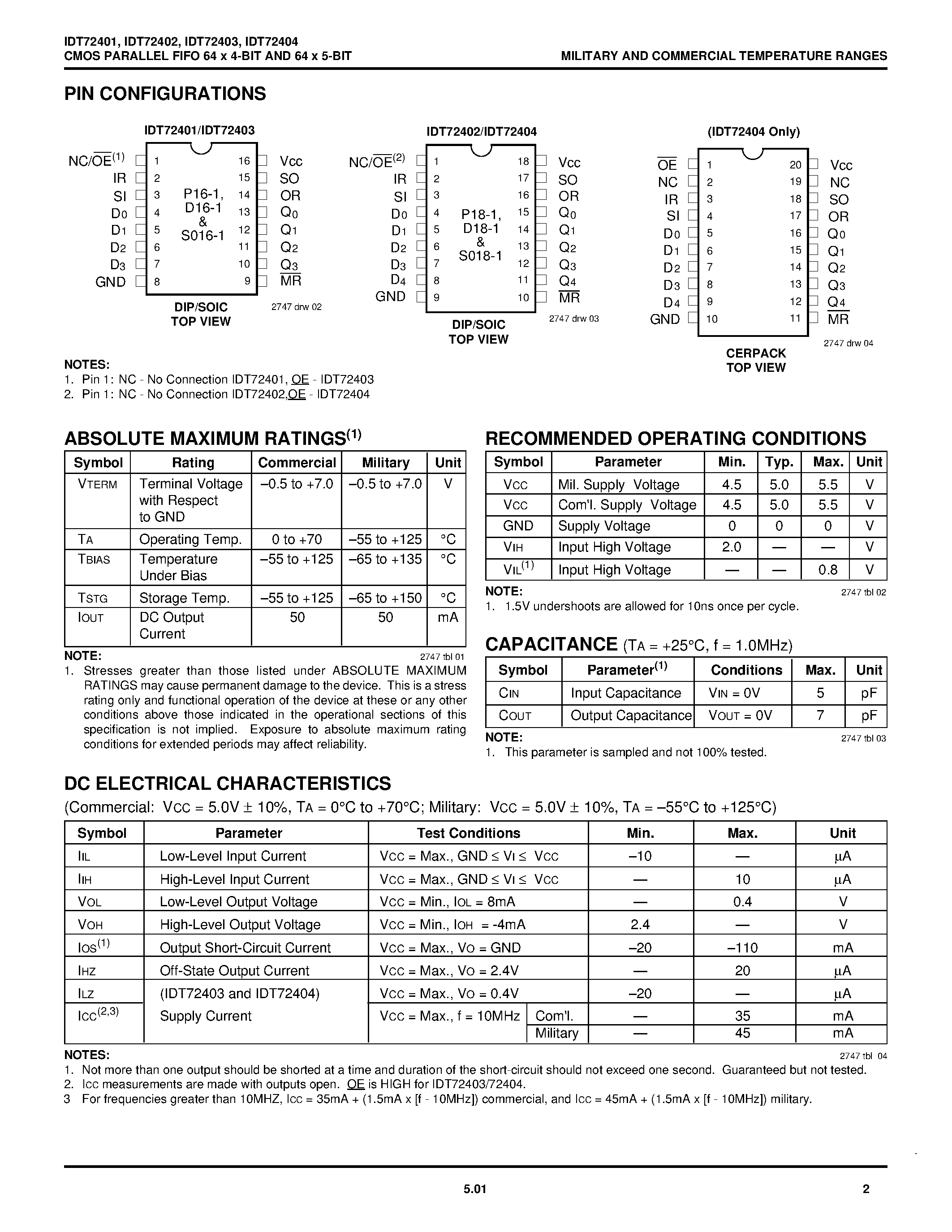 Даташит IDT72404 - CMOS PARALLEL FIFO 64 x 4-BIT AND 64 x 5-BIT страница 2