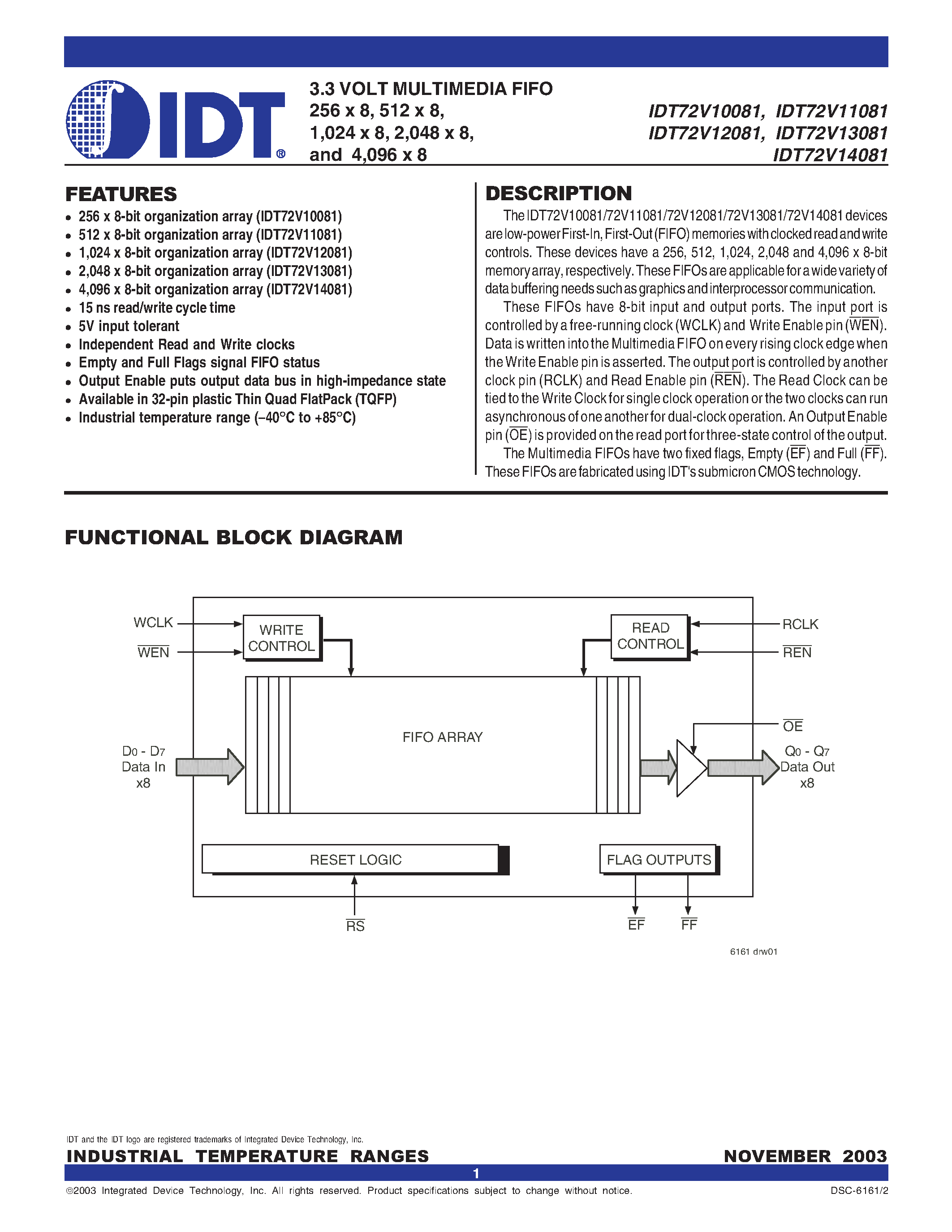 Datasheet IDT72V14081 - 3.3 VOLT MULTIMEDIA FIFO page 1