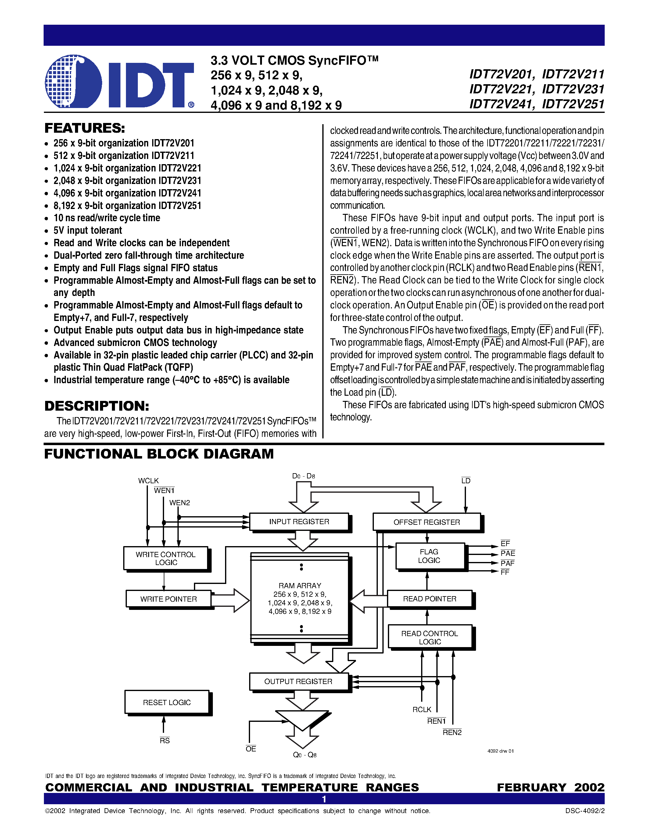 Datasheet IDT72V201L15PFI page 1 Datasheet IDT72V201L15PFI - 3.3 VOLT CMOS SyncFIFO 256 x 9/ 512 x 9/ 1/024 x 9/ 2/048 x 9/ 4/096 x 9 and 8/192 x 9 page 1