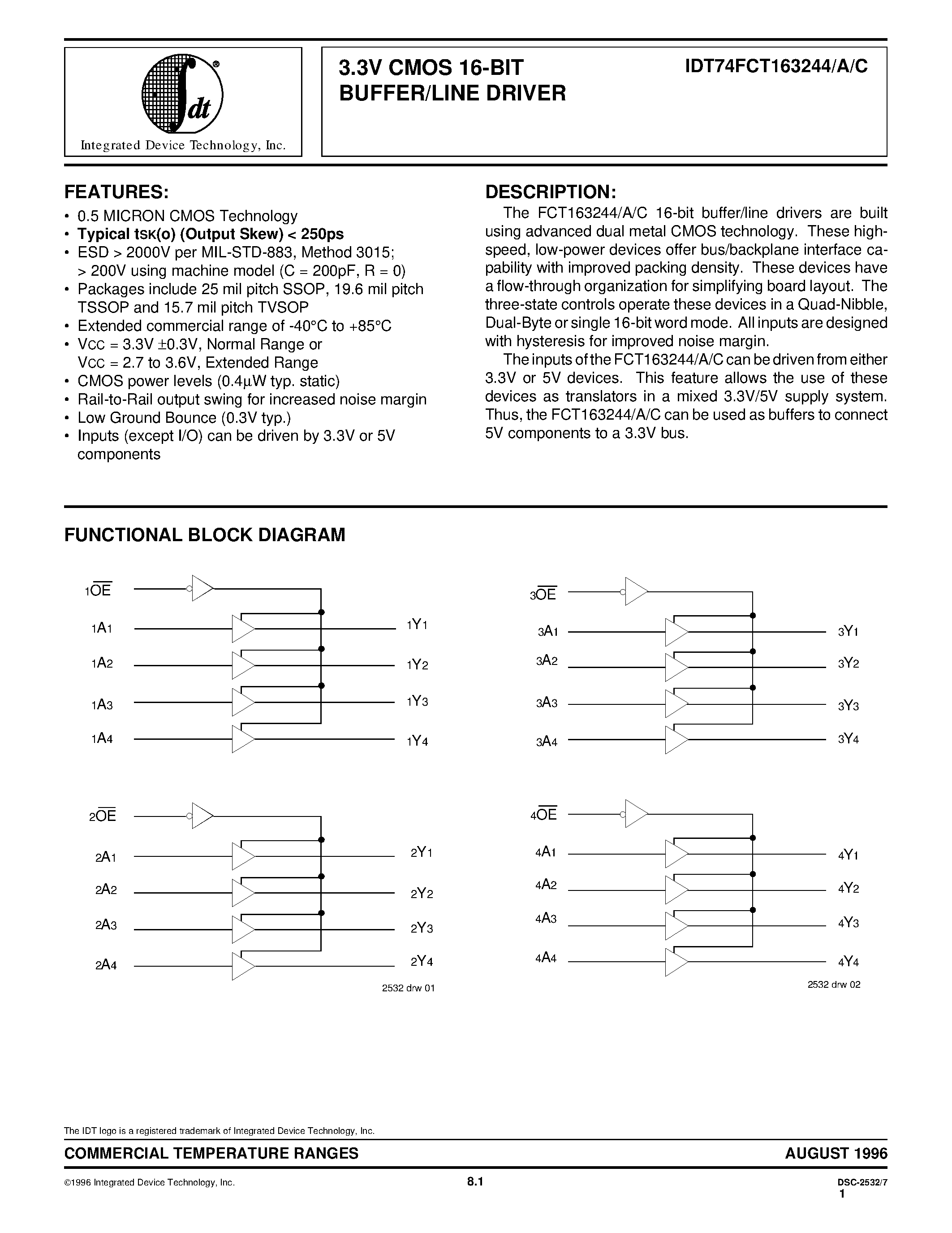Datasheet IDT74FCT163244APF - 3.3V CMOS 16-BIT BUFFER/LINE DRIVER page 1