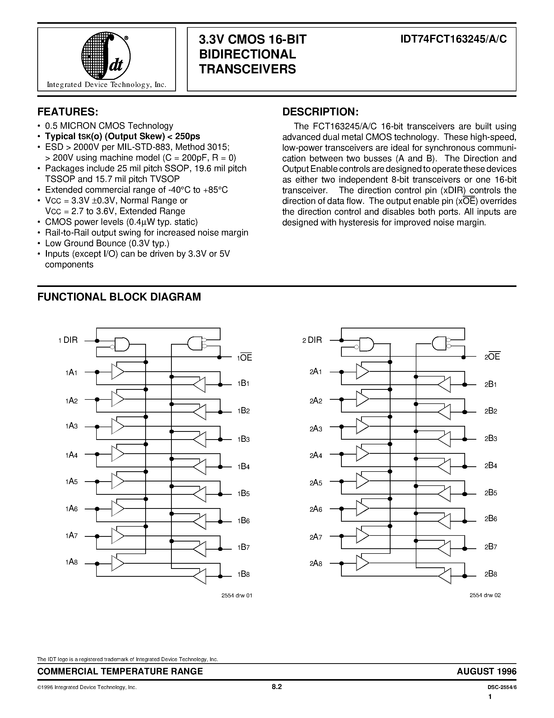 Datasheet IDT74FCT163245CPA - 3.3V CMOS 16-BIT BIDIRECTIONAL TRANSCEIVERS page 1