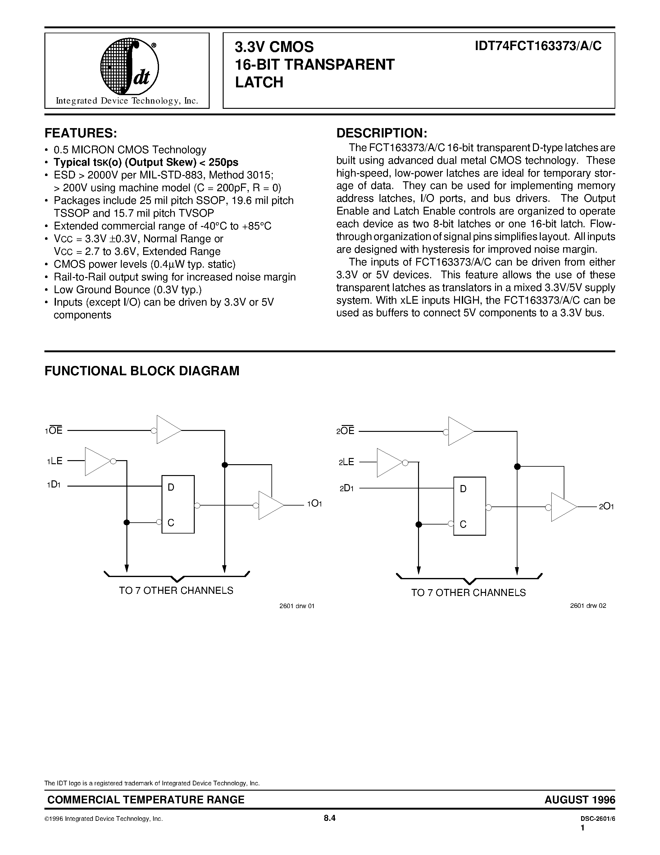Datasheet IDT74FCT163373APV - 3.3V CMOS 16-BIT TRANSPARENT LATCH page 1