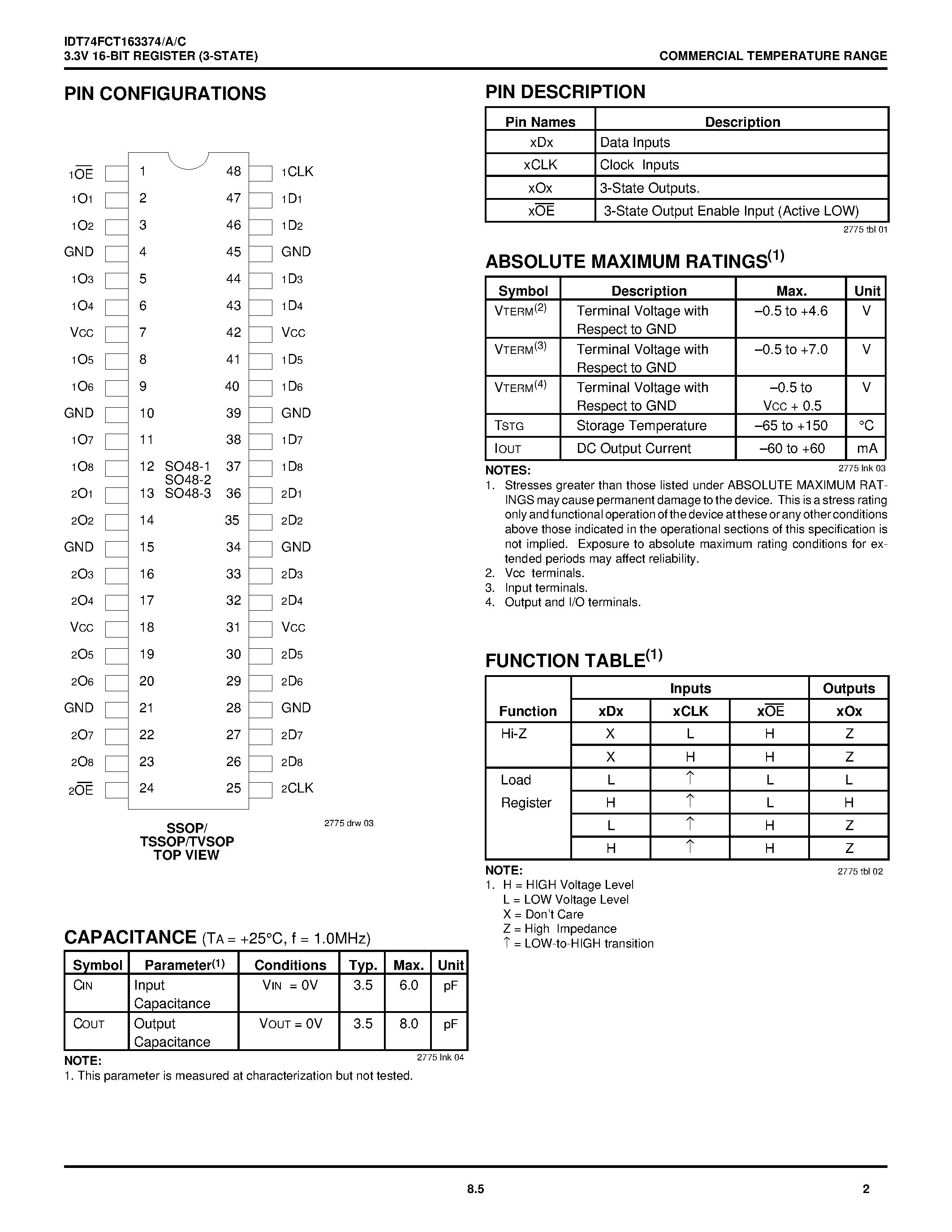 Datasheet IDT74FCT163374PF - 3.3V CMOS 16-BIT REGISTER (3-STATE) page 2