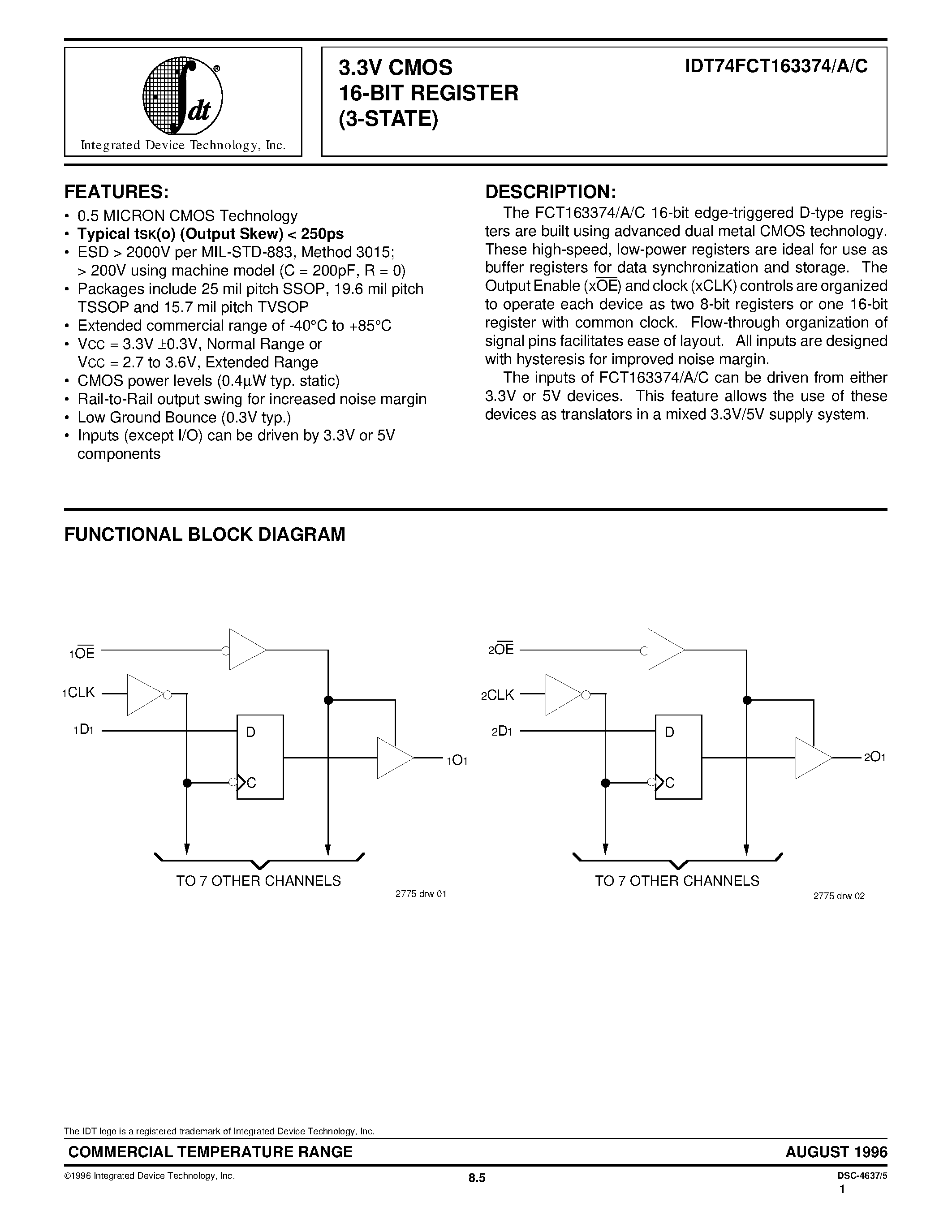 Datasheet IDT74FCT163374PV - 3.3V CMOS 16-BIT REGISTER (3-STATE) page 1