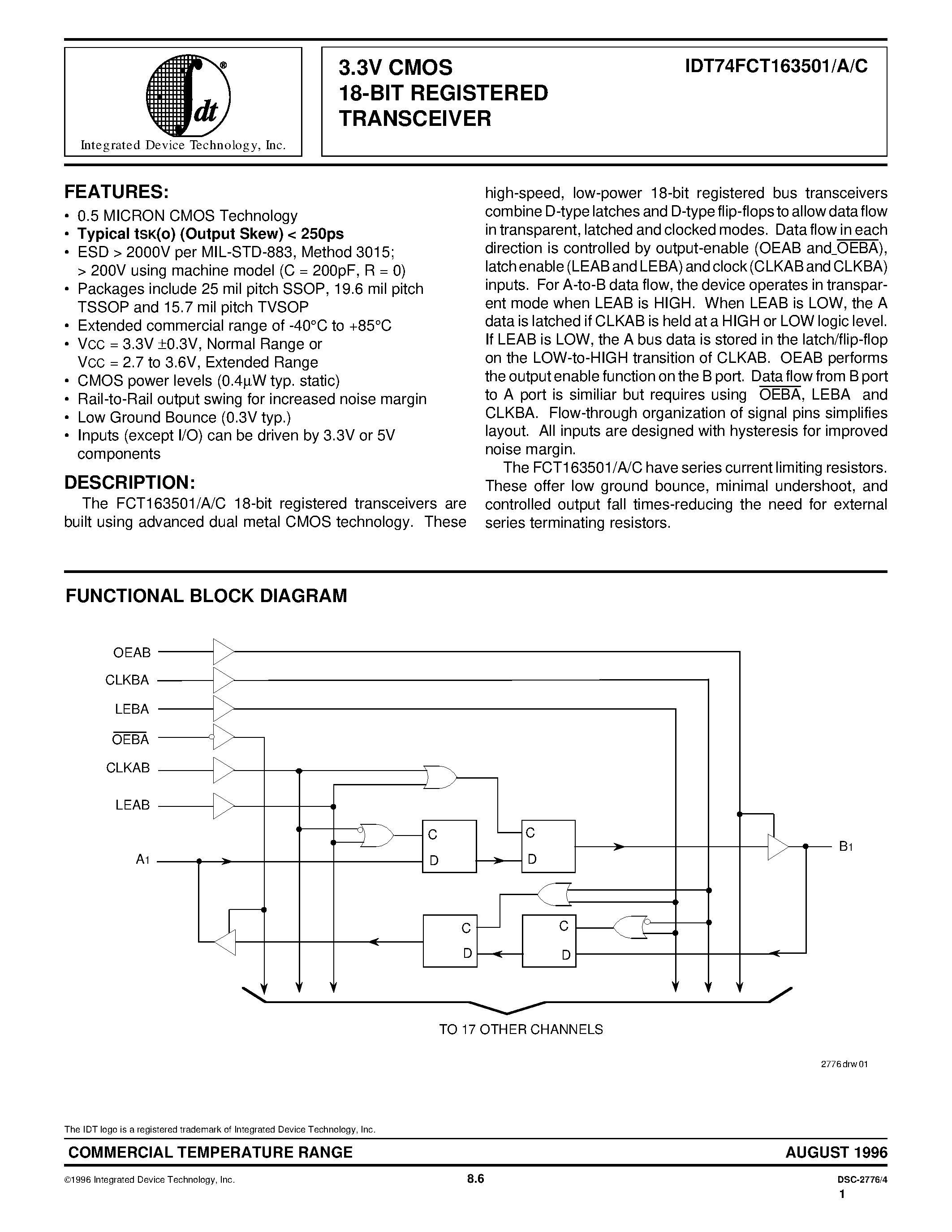 Datasheet IDT74FCT163501APF - 3.3V CMOS 18-BIT REGISTERED TRANSCEIVER page 1