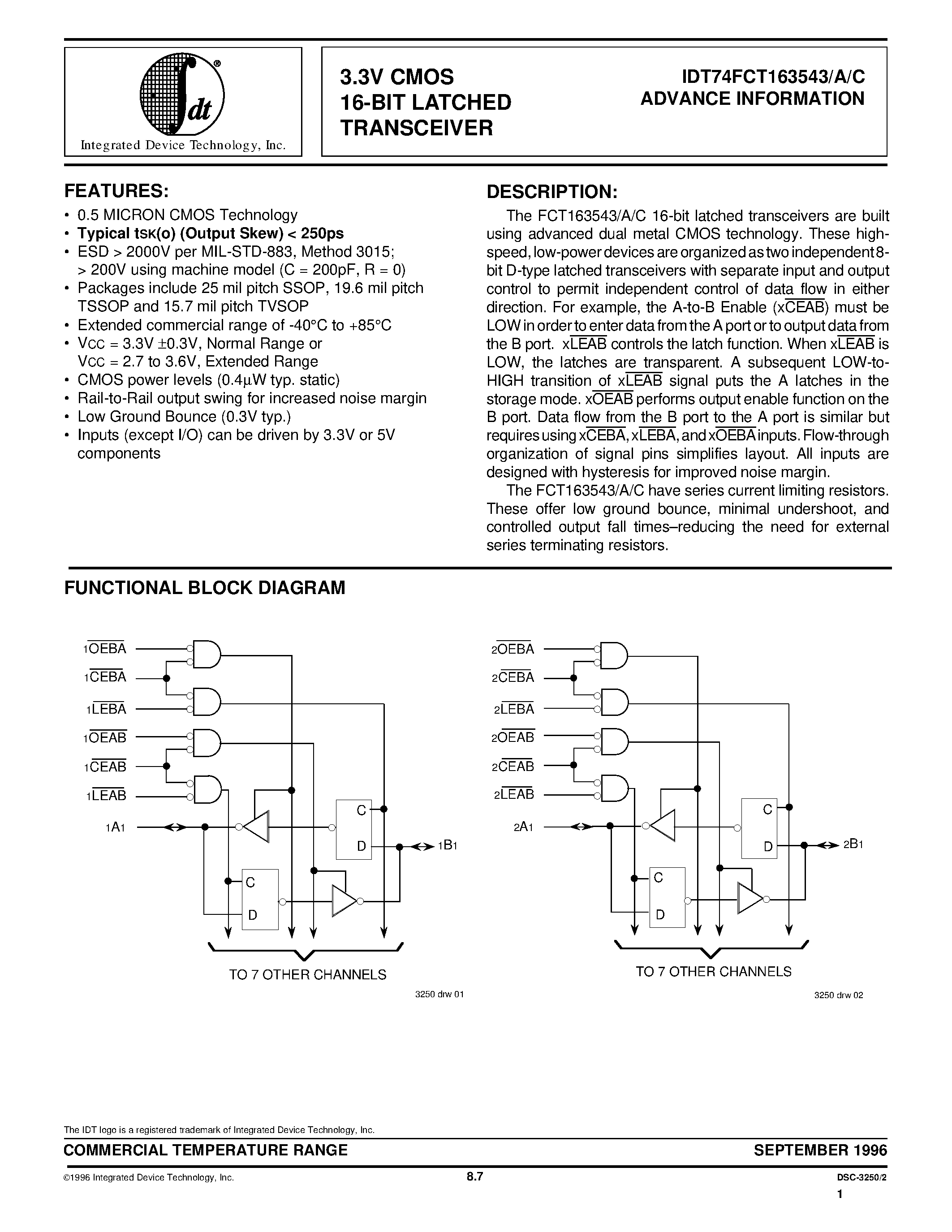 Datasheet IDT74FCT163543A - 3.3V CMOS 16-BIT LATCHED TRANSCEIVER page 1