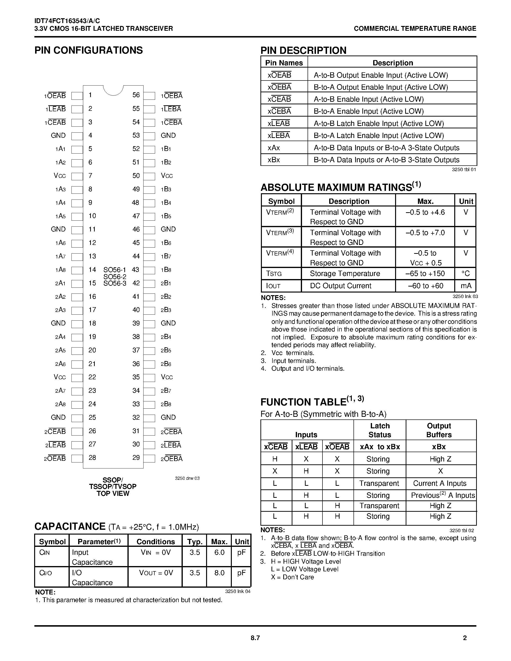 Datasheet IDT74FCT163543PA - 3.3V CMOS 16-BIT LATCHED TRANSCEIVER page 2