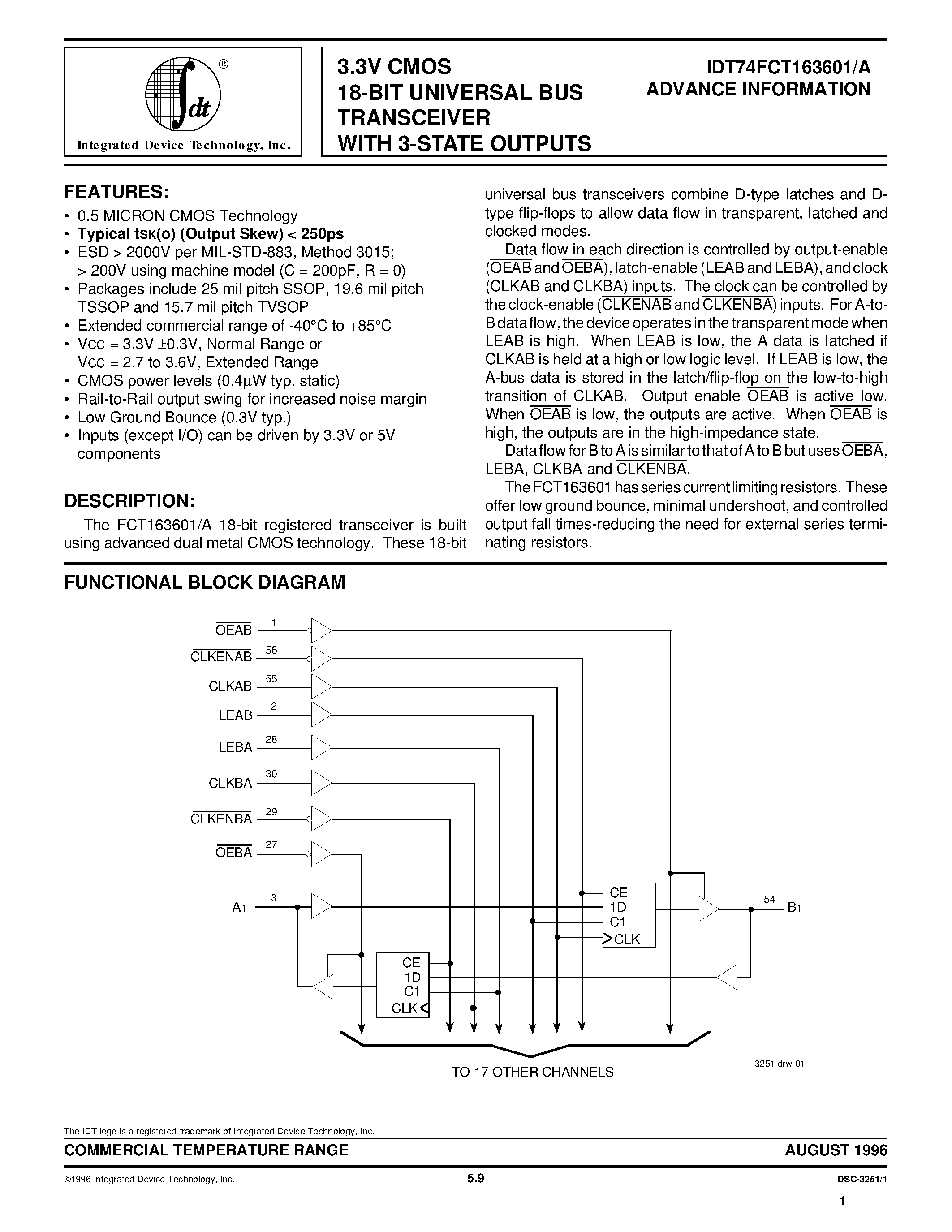 Datasheet IDT74FCT163601APF - 3.3V CMOS 18-BIT UNIVERSAL BUS TRANSCEIVER WITH 3-STATE OUTPUTS page 1