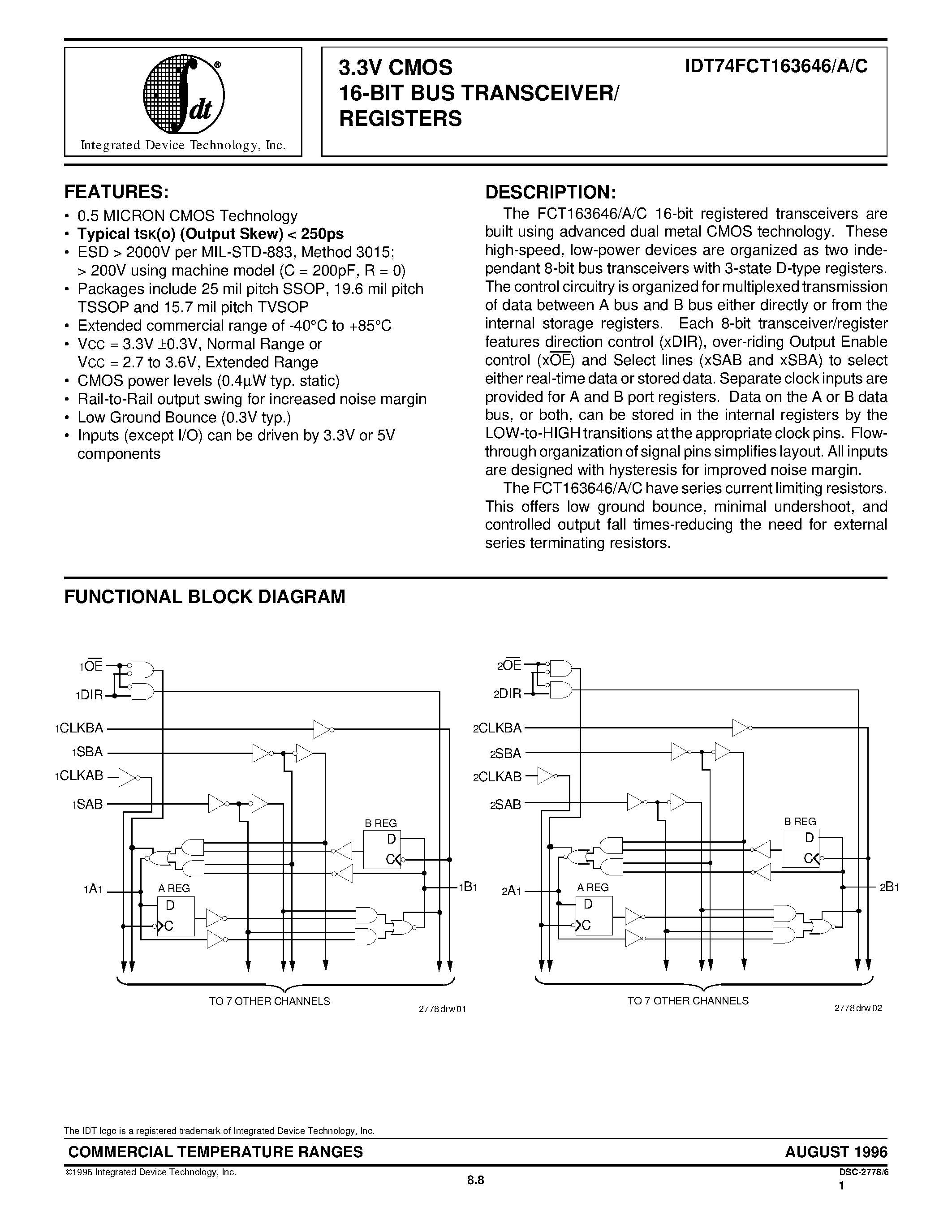 Datasheet IDT74FCT163646CPA - 3.3V CMOS 16-BIT BUS TRANSCEIVER/ REGISTERS page 1
