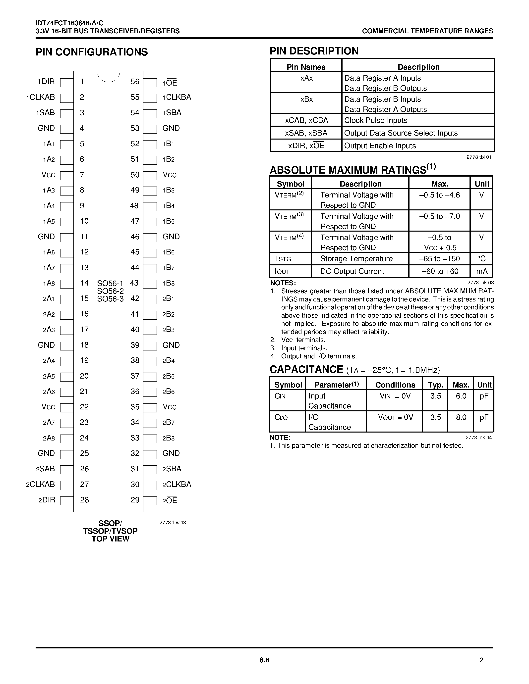 Datasheet IDT74FCT163646CPV - 3.3V CMOS 16-BIT BUS TRANSCEIVER/ REGISTERS page 2