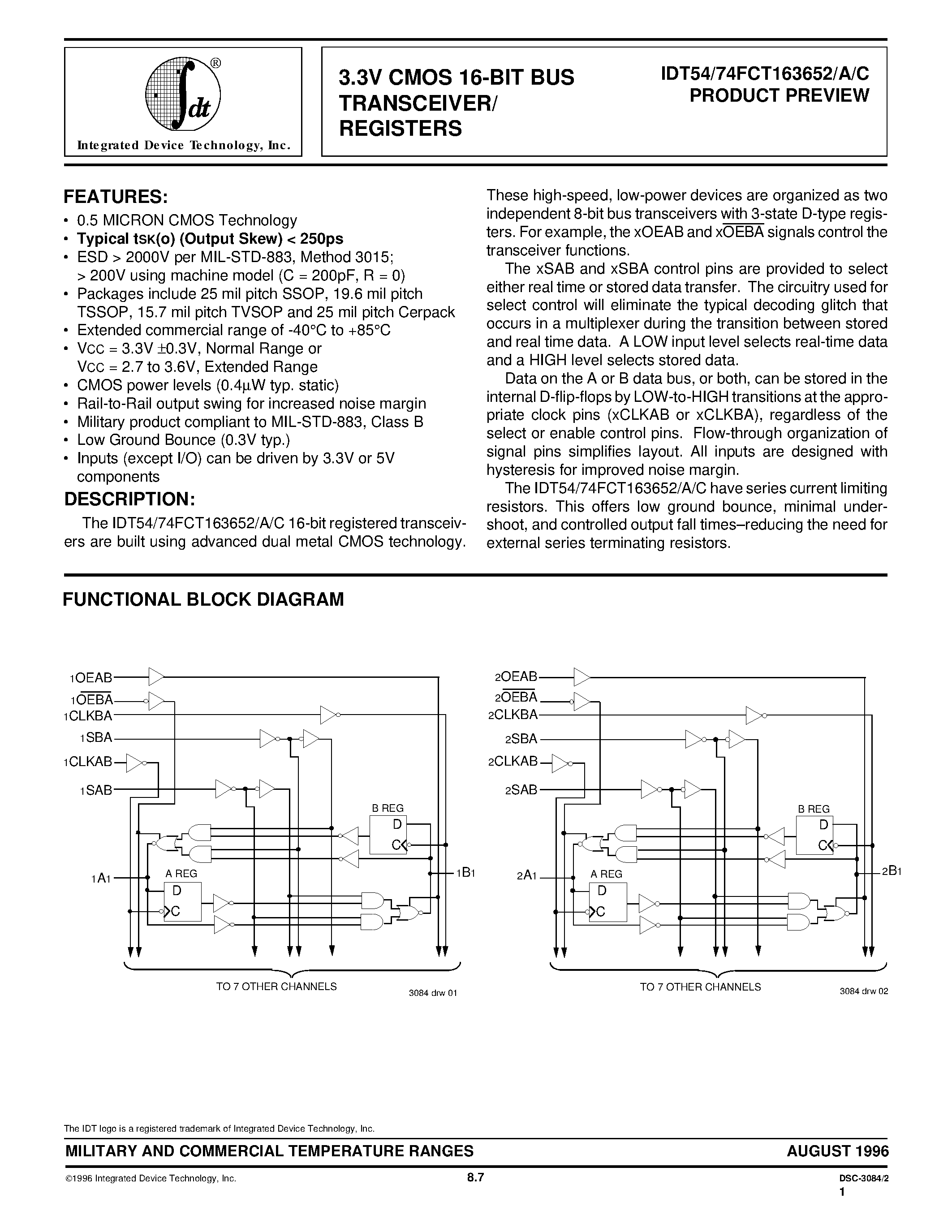 Datasheet IDT74FCT163652A - 3.3V CMOS 16-BIT BUS TRANSCEIVER/ REGISTERS page 1