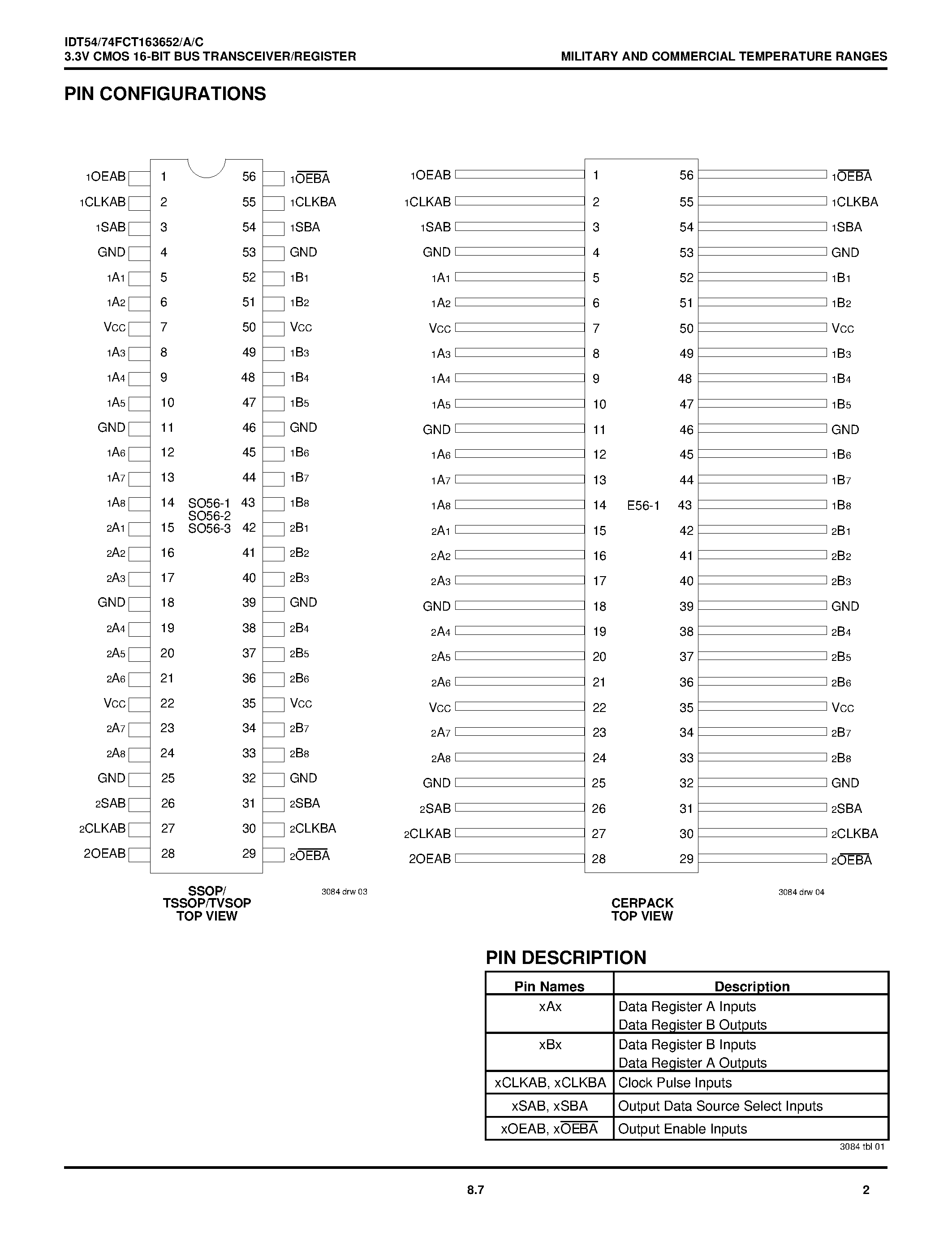Datasheet IDT74FCT163652C - 3.3V CMOS 16-BIT BUS TRANSCEIVER/ REGISTERS page 2