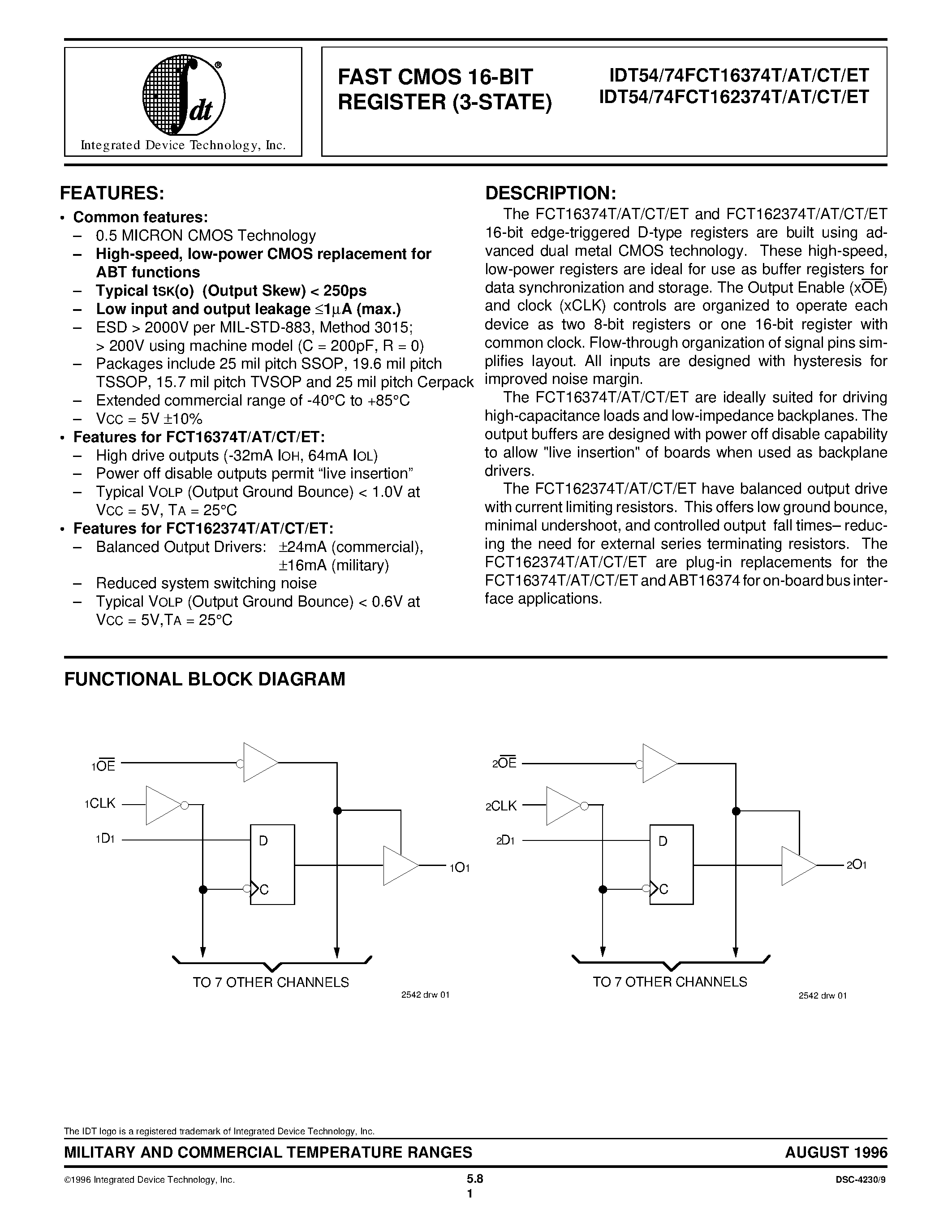 Datasheet IDT74FCT16374 - FAST CMOS 16-BIT REGISTER (3-STATE) page 1
