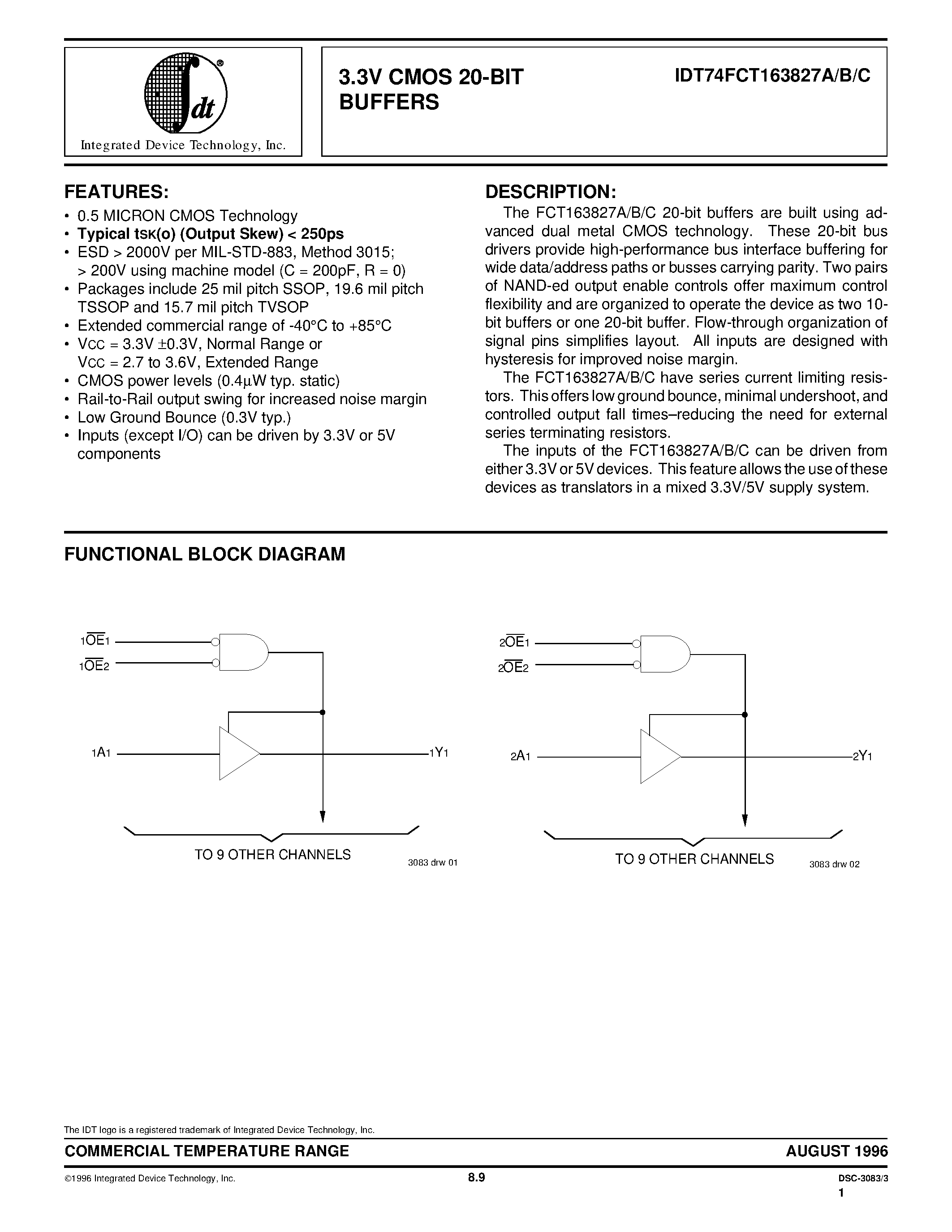 Datasheet IDT74FCT163827A - 3.3V CMOS 20-BIT BUFFERS page 1