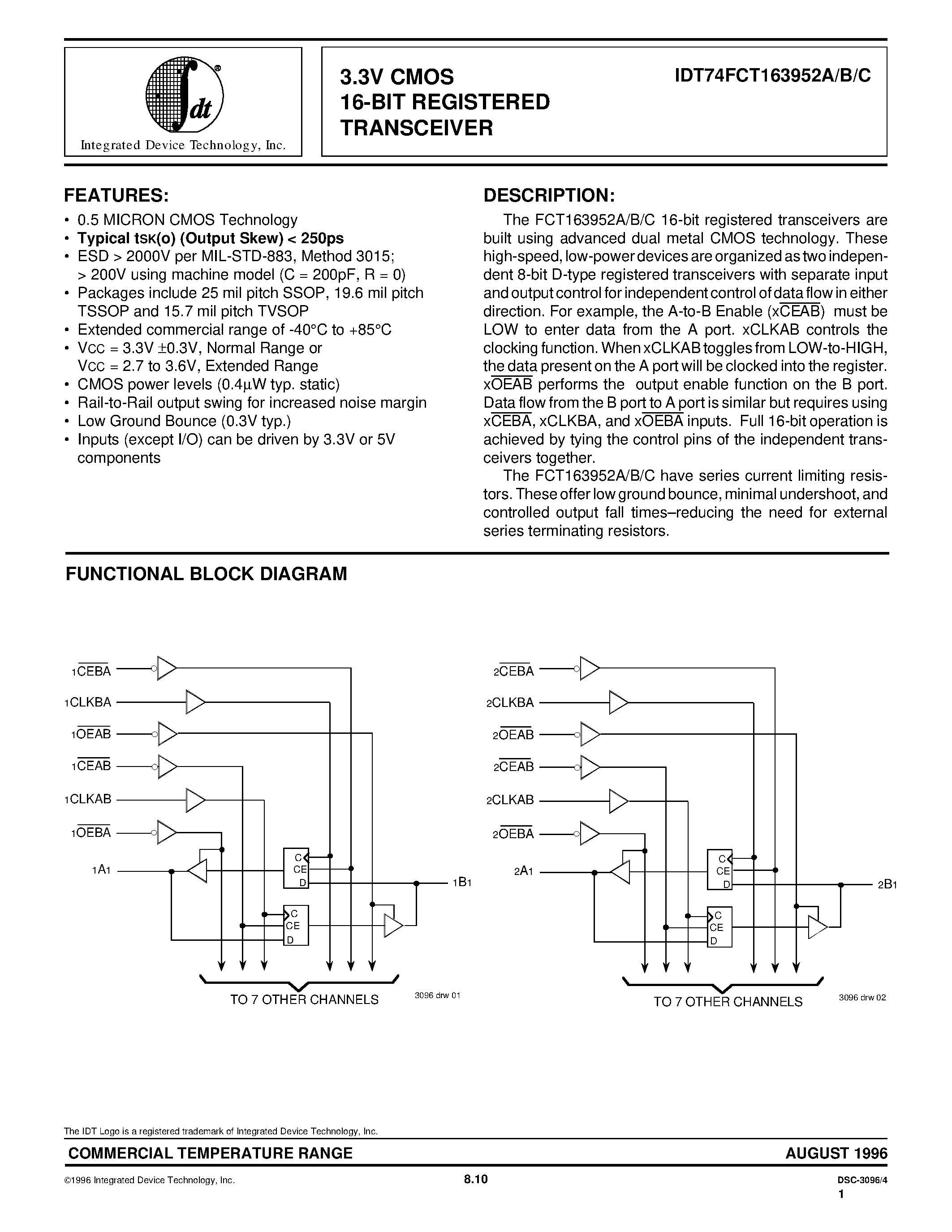 Datasheet IDT74FCT163952B - 3.3V CMOS 16-BIT REGISTERED TRANSCEIVER page 1