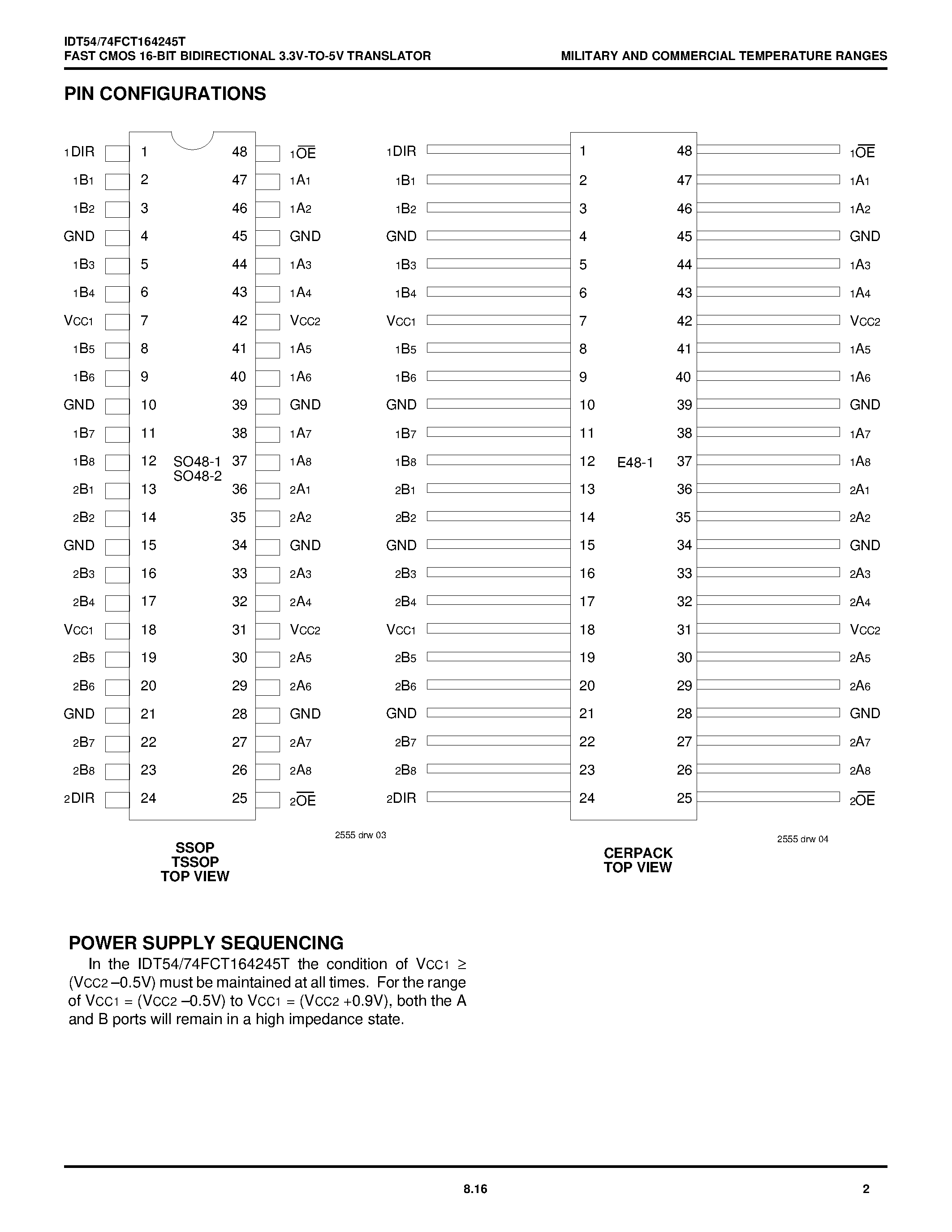 Datasheet IDT74FCT164245TE - FAST CMOS 16-BIT BIDIRECTIONAL 3.3V TO 5V TRANSLATOR page 2