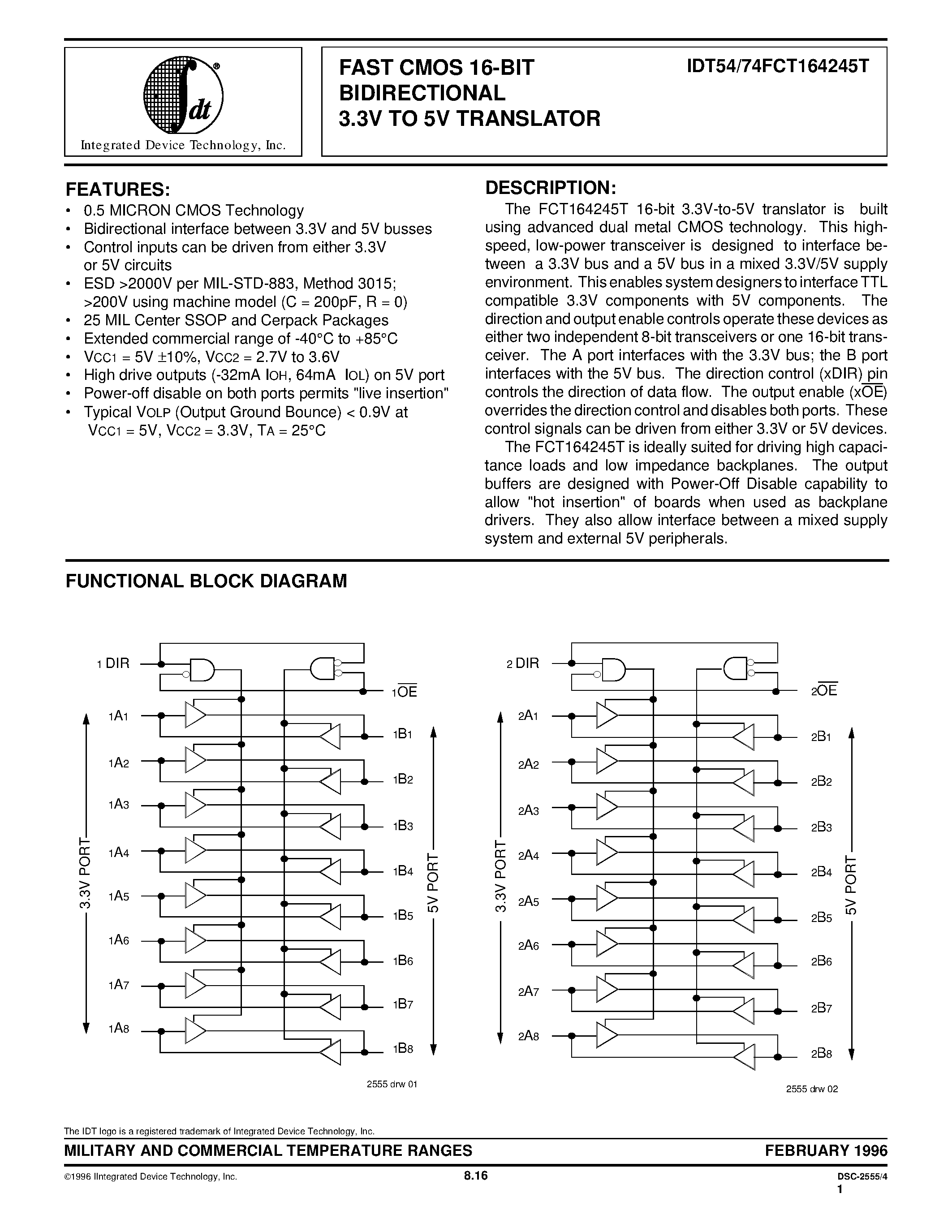 Datasheet IDT74FCT164245TPVB - FAST CMOS 16-BIT BIDIRECTIONAL 3.3V TO 5V TRANSLATOR page 1