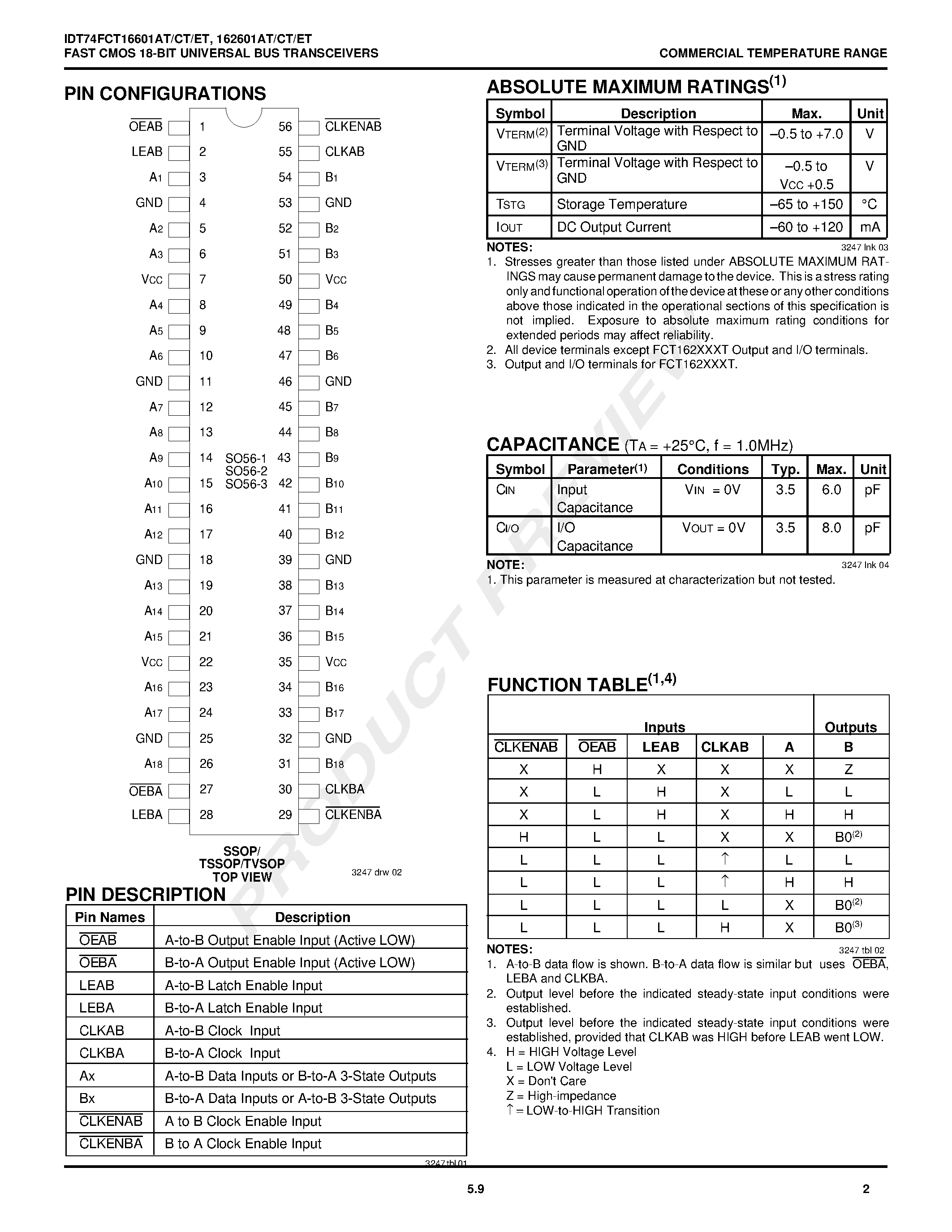Datasheet IDT74FCT16601CTPA - FAST CMOS 18-BIT UNIVERSAL BUS TRANSCEIVER WITH 3-STATE OUTPUTS page 2
