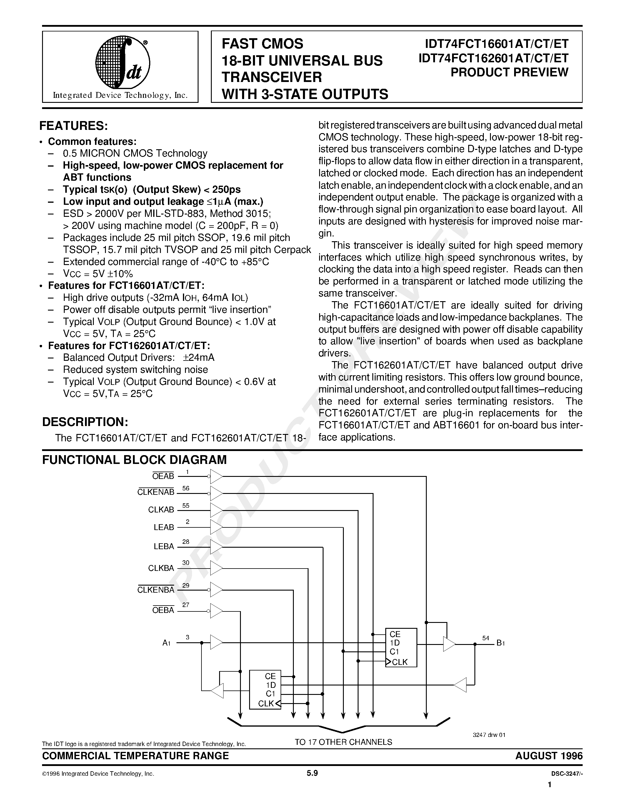 Datasheet IDT74FCT16601ETPA - FAST CMOS 18-BIT UNIVERSAL BUS TRANSCEIVER WITH 3-STATE OUTPUTS page 1