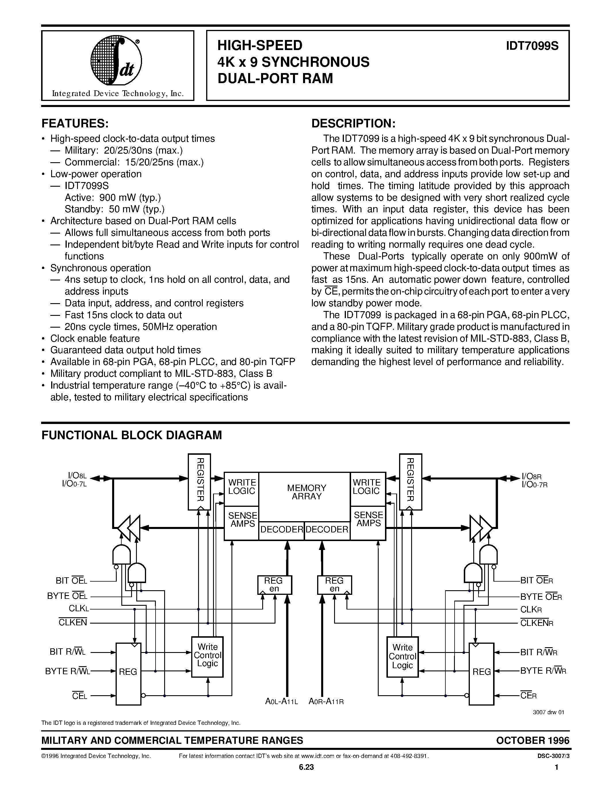 Datasheet IDT7099S - HIGH-SPEED 4K x 9 SYNCHRONOUS DUAL-PORT RAM page 1