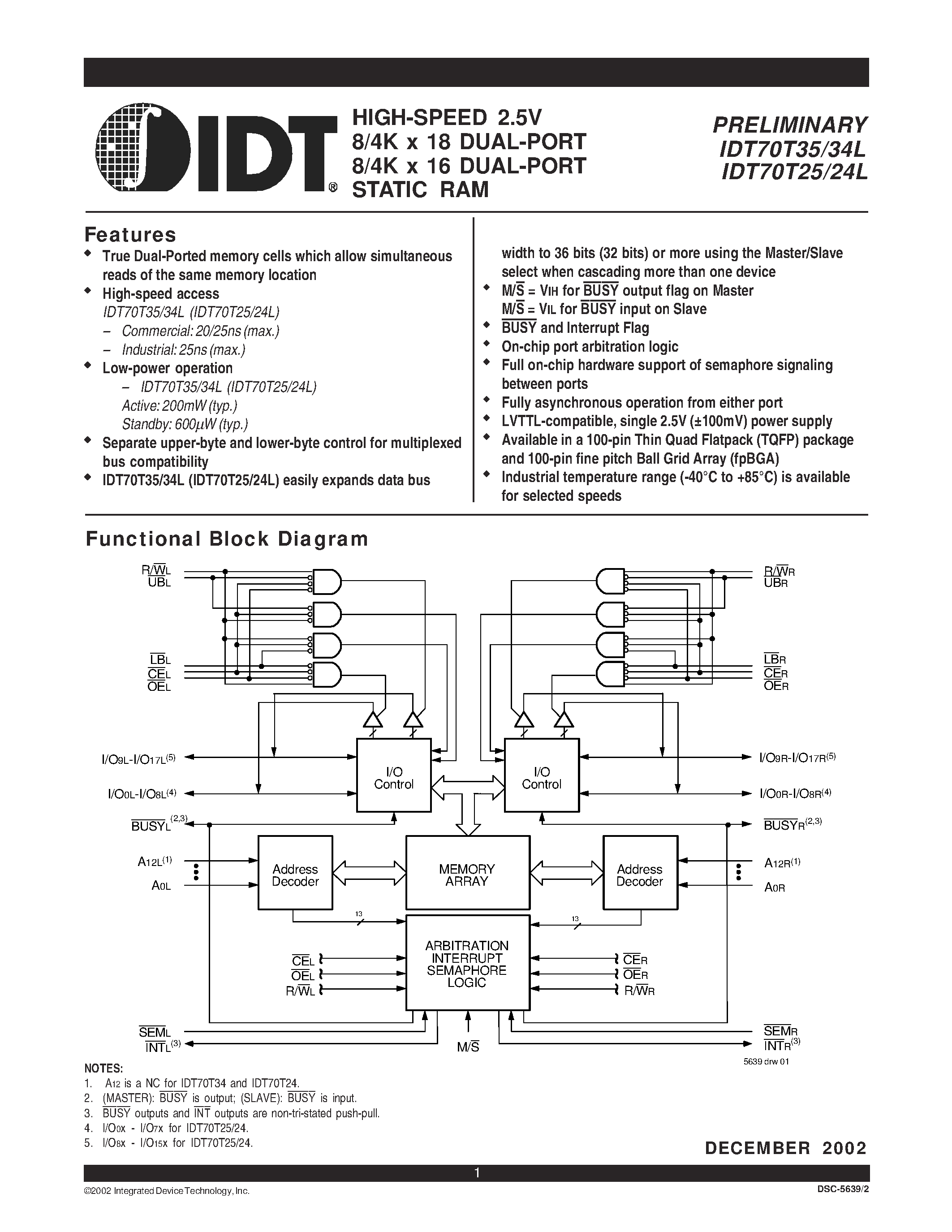 Datasheet IDT70T34L - HIGH-SPEED 2.5V 8/4K x 18 DUAL-PORT 8/4K x 16 DUAL-PORT STATIC RAM page 1