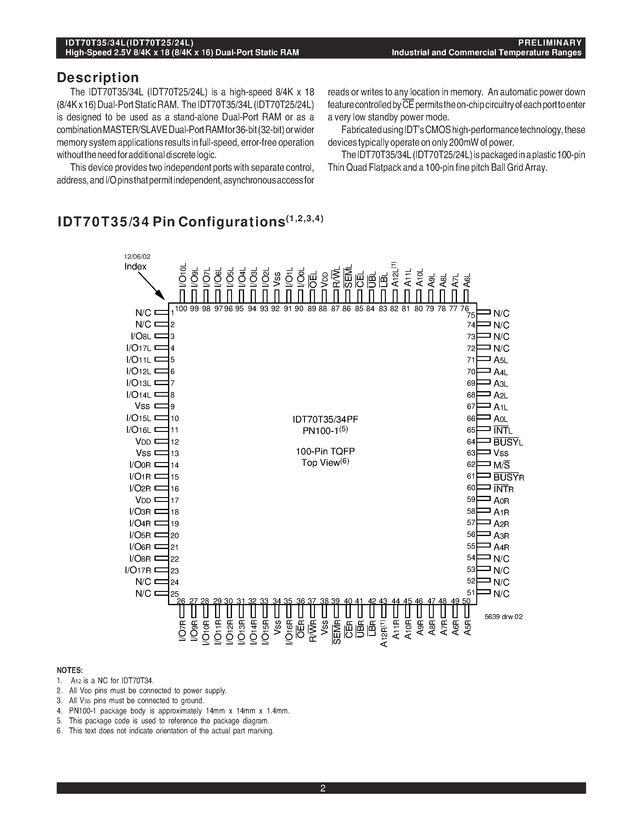 Datasheet IDT70T35 - HIGH-SPEED 2.5V 8/4K x 18 DUAL-PORT 8/4K x 16 DUAL-PORT STATIC RAM page 2