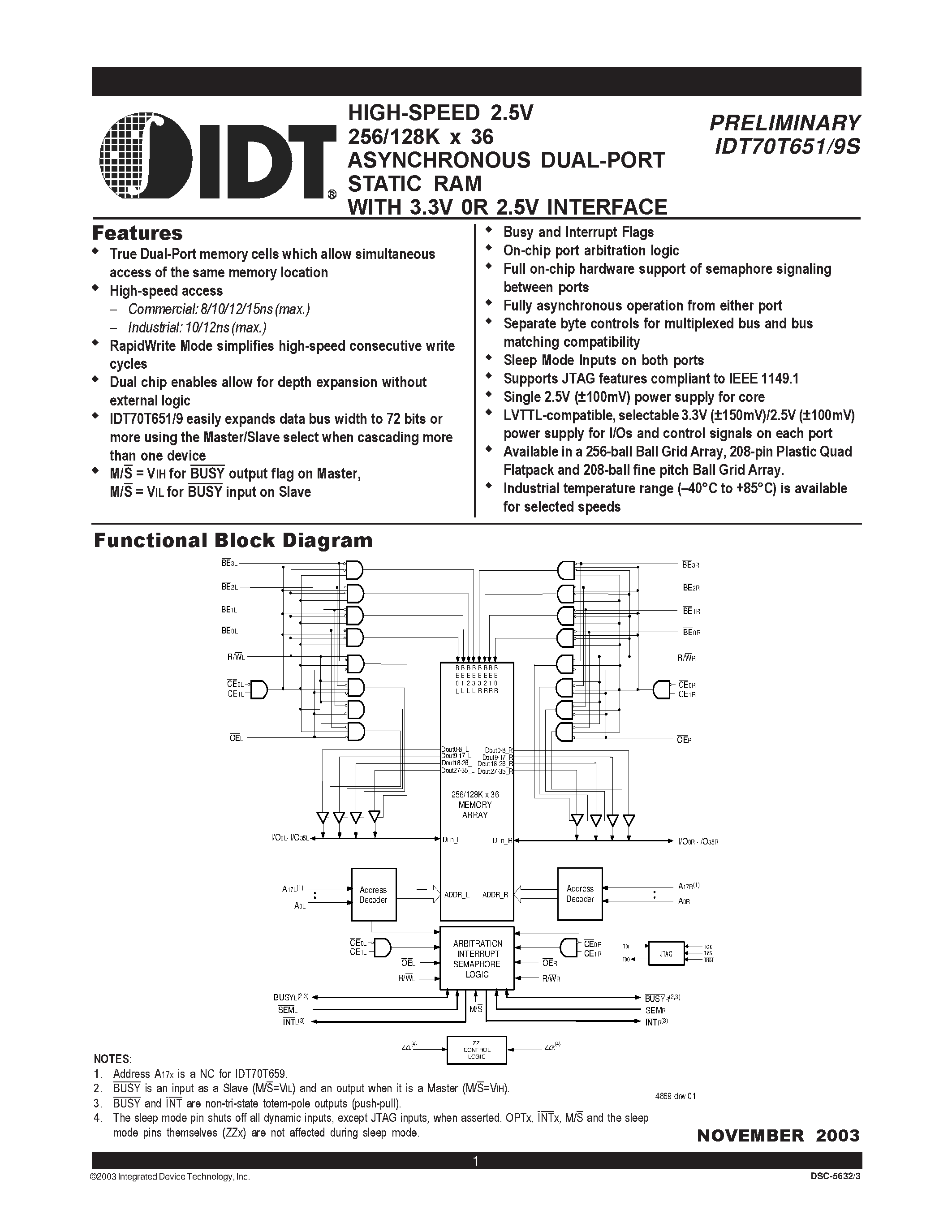 Datasheet IDT70T659S - HIGH-SPEED 2.5V 256/128K x 36 ASYNCHRONOUS DUAL-PORT STATIC RAM WITH 3.3V 0R 2.5V INTERFACE page 1
