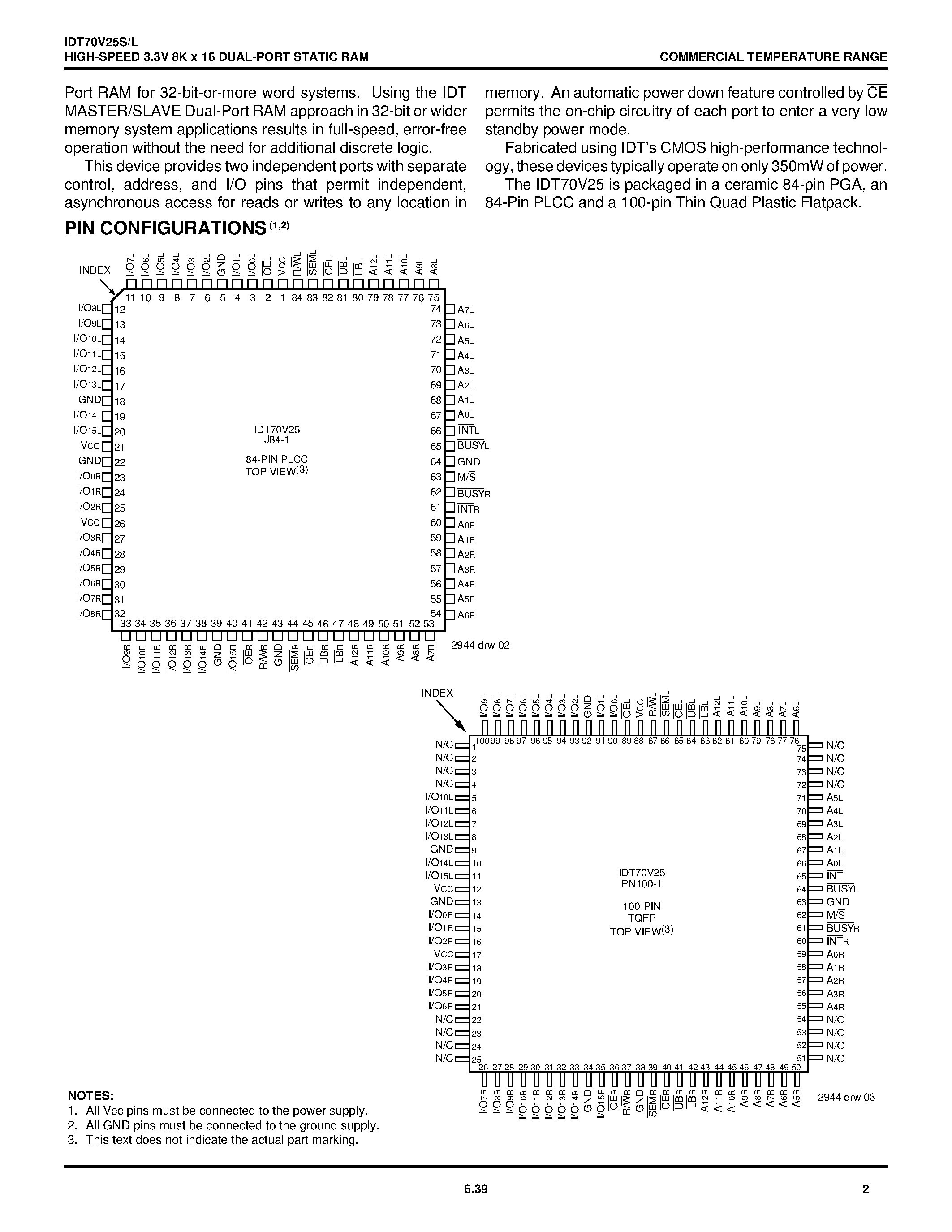 Datasheet IDT70V25 - HIGH-SPEED 3.3V 8K x 16 DUAL-PORT STATIC RAM page 2