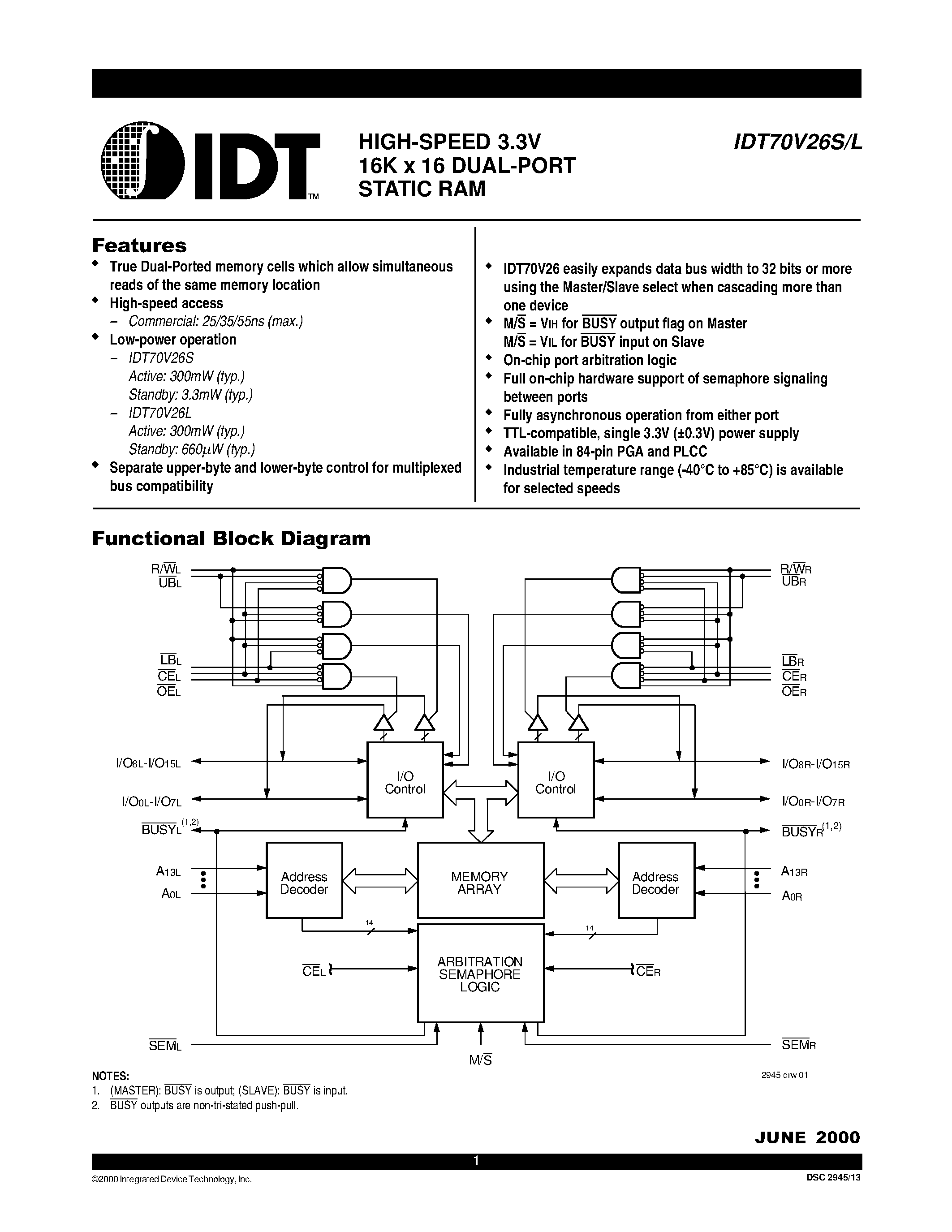 Даташит на микросхему IDT70V26 страница 1 Даташит IDT70V26 - HIGH-SPEED 3.3V 16K x 16 DUAL-PORT STATIC RAM страница 1