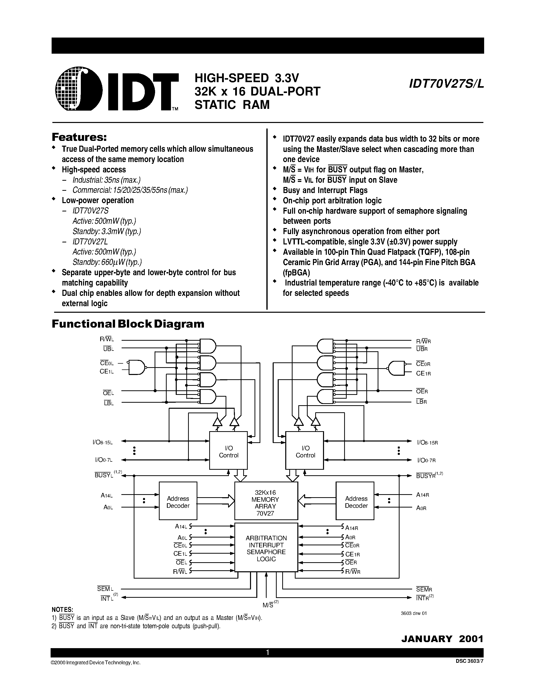 Datasheet IDT70V27 - HIGH-SPEED 3.3V 32K x 16 DUAL-PORT STATIC RAM page 1